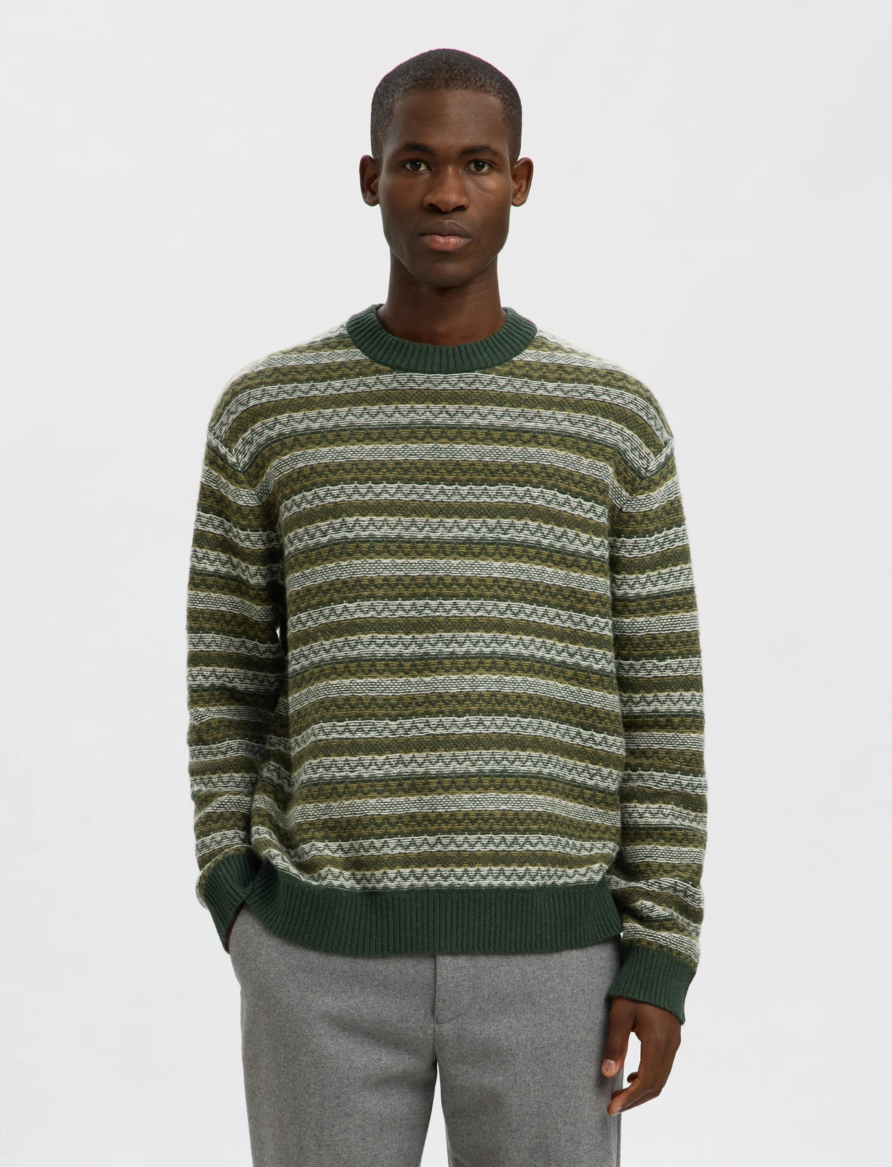 Selected Slhrevy Ls Knit Relaxed Jac Crew Neck, M, Khaki green, Strik > Runde Halse, Herre
