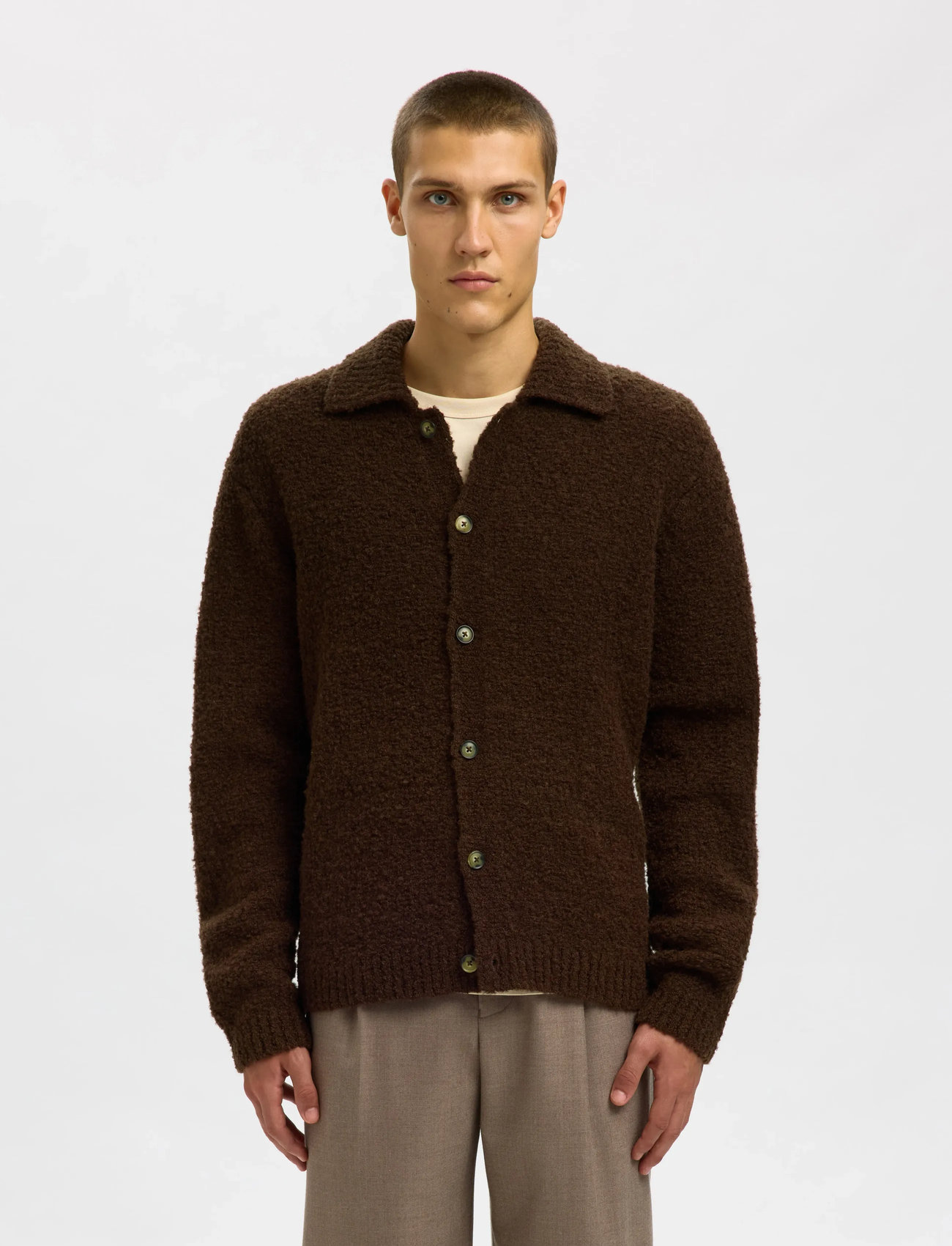 Selected Slhloyd Ls Knit Boucle Polo Cardigan, M, Knitwear, Braun - Cardigans, Männerswear
