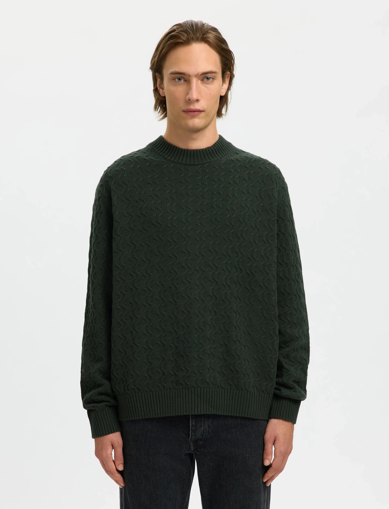 Selected Slhphilip Ls Knit Relaxed Crew Neck, M, Green, Strik > Runde Halse, Herre