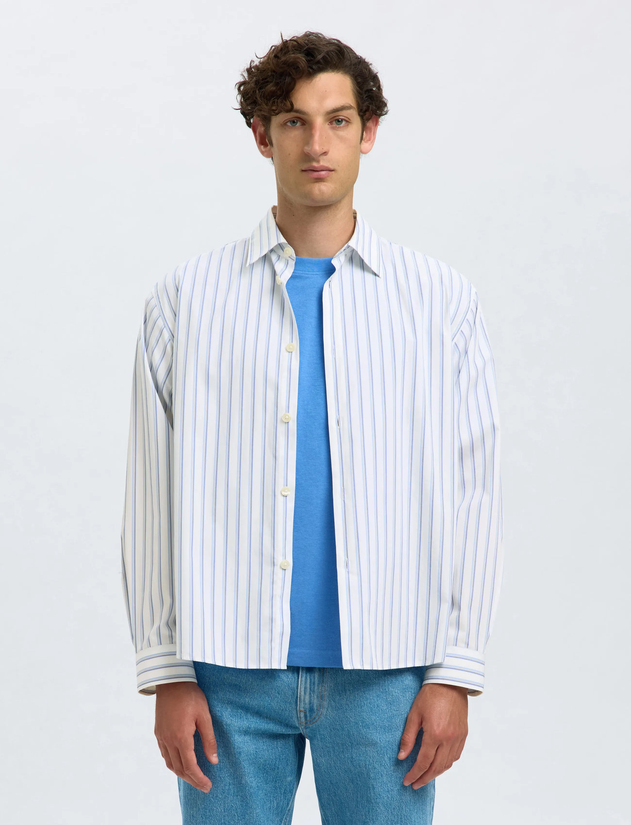 Selected Slhrlxhenri Stripe Ls Shirt, L, Blue, Shirts > Striped Shirts, Herre