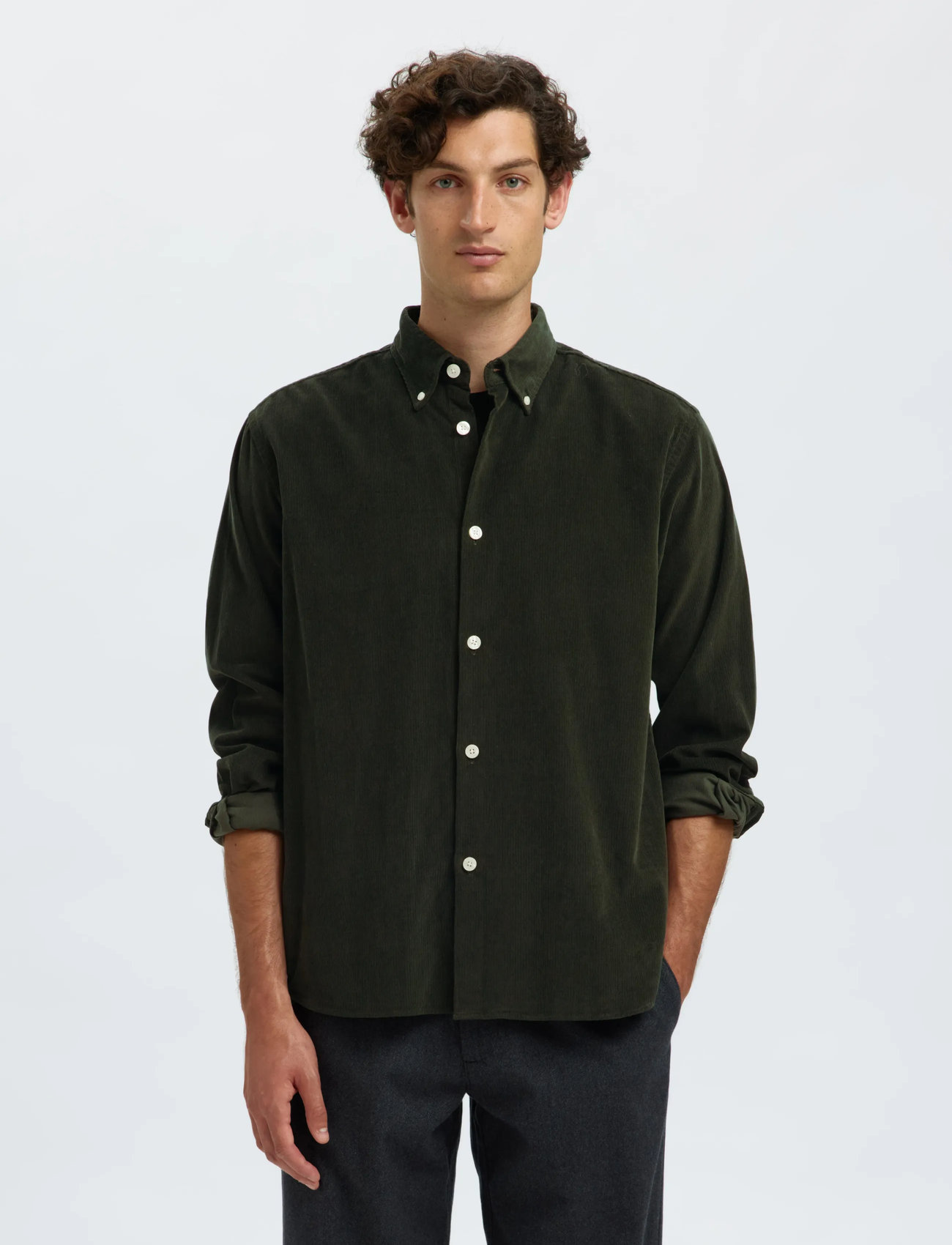 Selected Slmregcole Danni Cord Bd Ls Shirt Noos, S, Khaki green, Skjorter > Afslappet Shirts, Herre