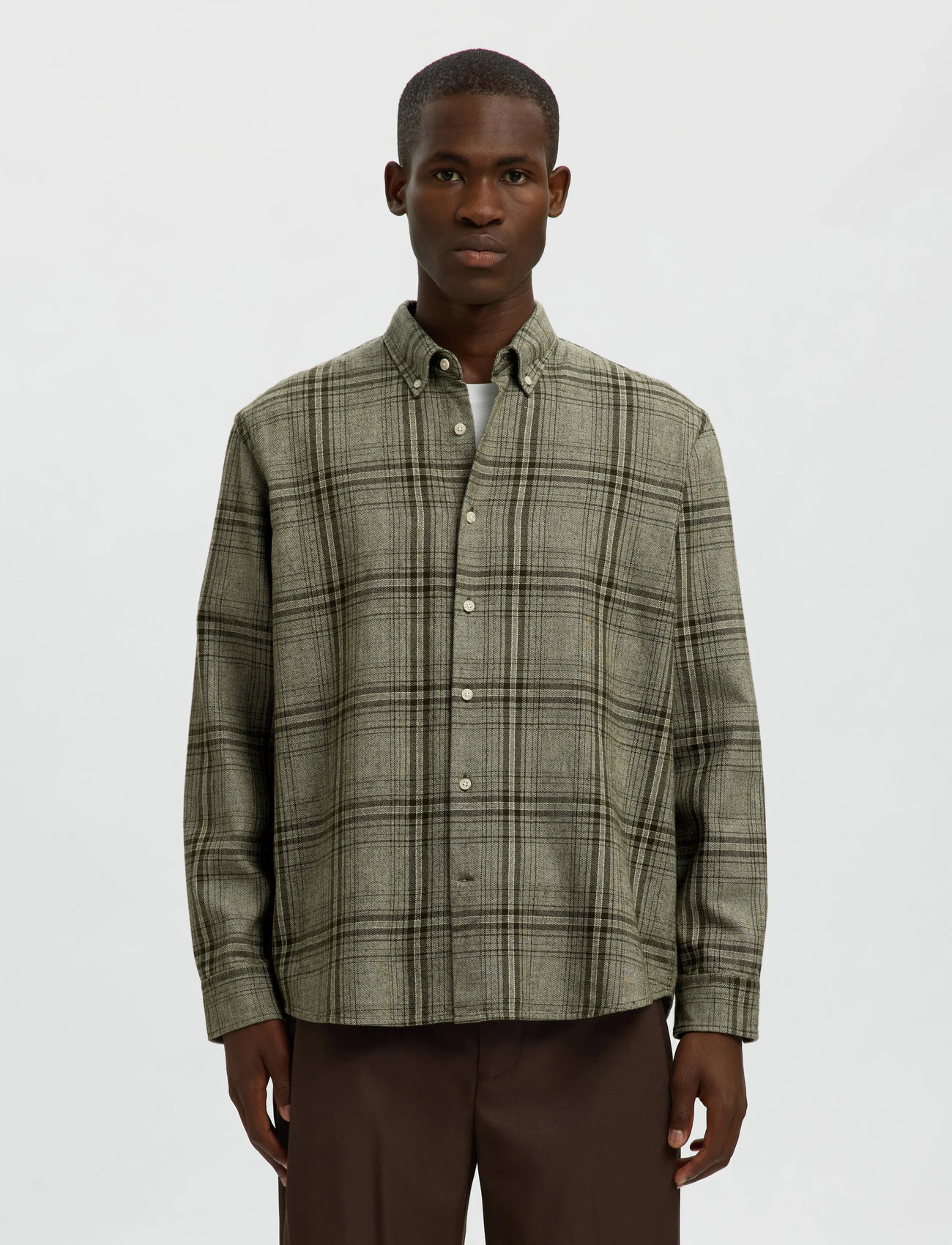 Selected Slhregnoah Mix Bdwn Ls Shirt Camp, XL, Khaki green, Shirts > Checkered Shirt, Herre