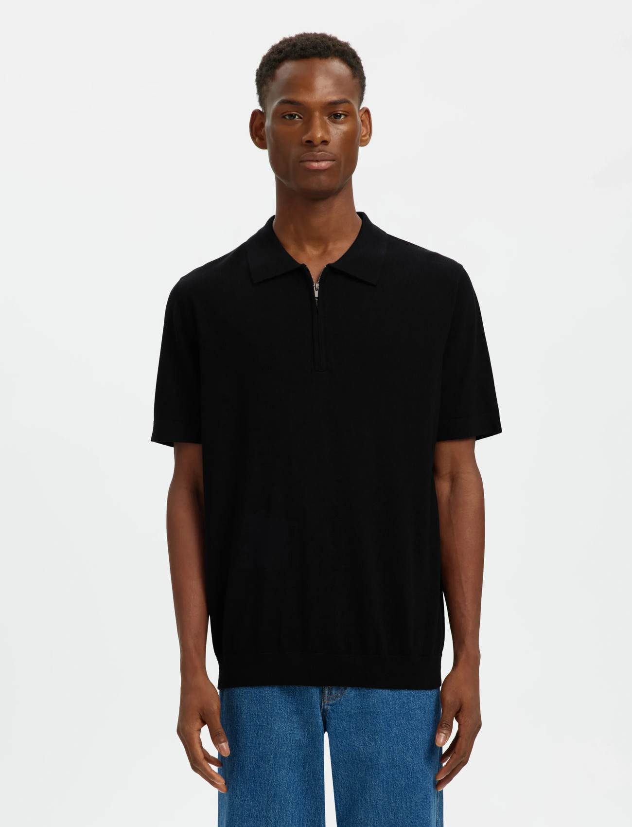 Selected Slhtray Ss Knit Half Zip Polo Noos, XL, Black, Strik > Trøjer Med Halv Lynlås, Herre