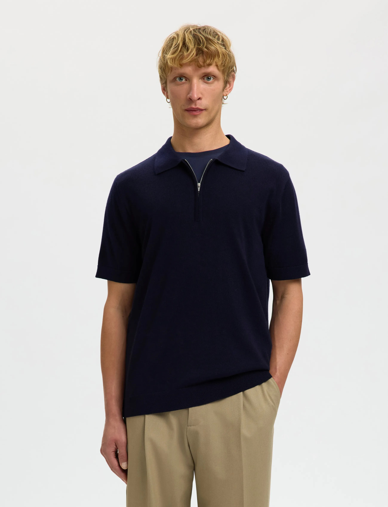 Selected Slhtray Ss Knit Half Zip Polo Noos, M, Navy, Strik > Trøjer Med Halv Lynlås, Herre