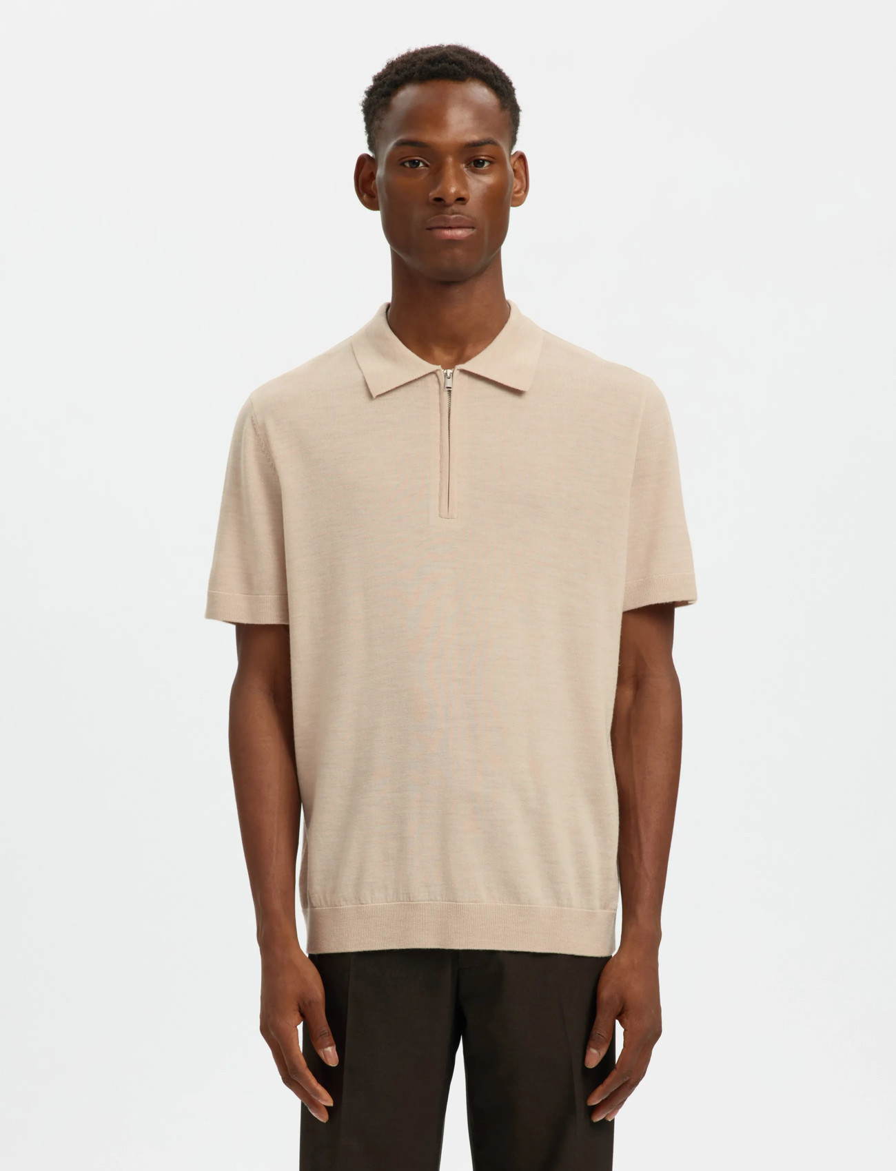Selected Slhtray Ss Knit Half Zip Polo Noos, S, Beige, Strik > Trøjer Med Halv Lynlås, Herre