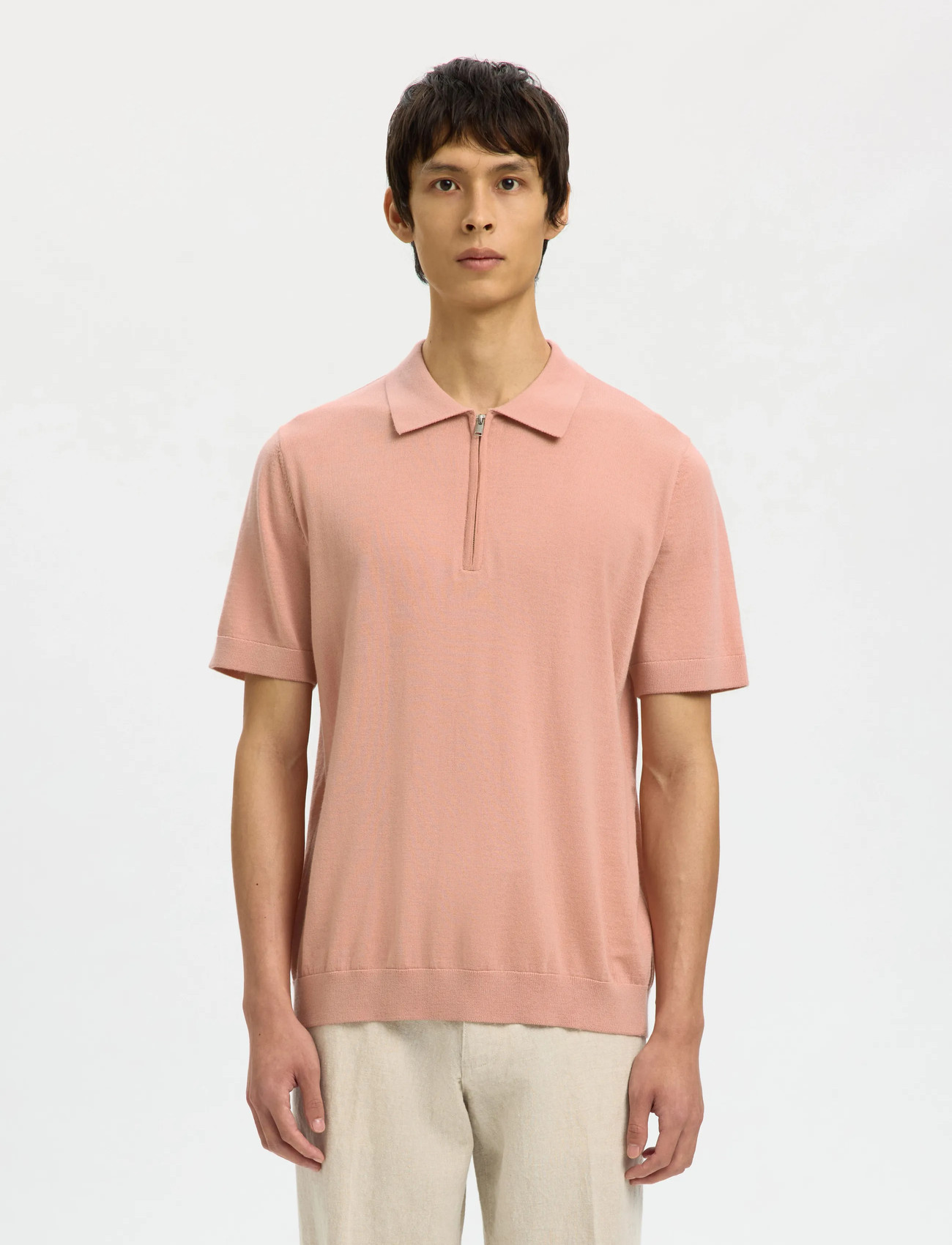 Selected Slhtray Ss Knit Half Zip Polo Noos, L, Pink, Strik > Trøjer Med Halv Lynlås, Herre