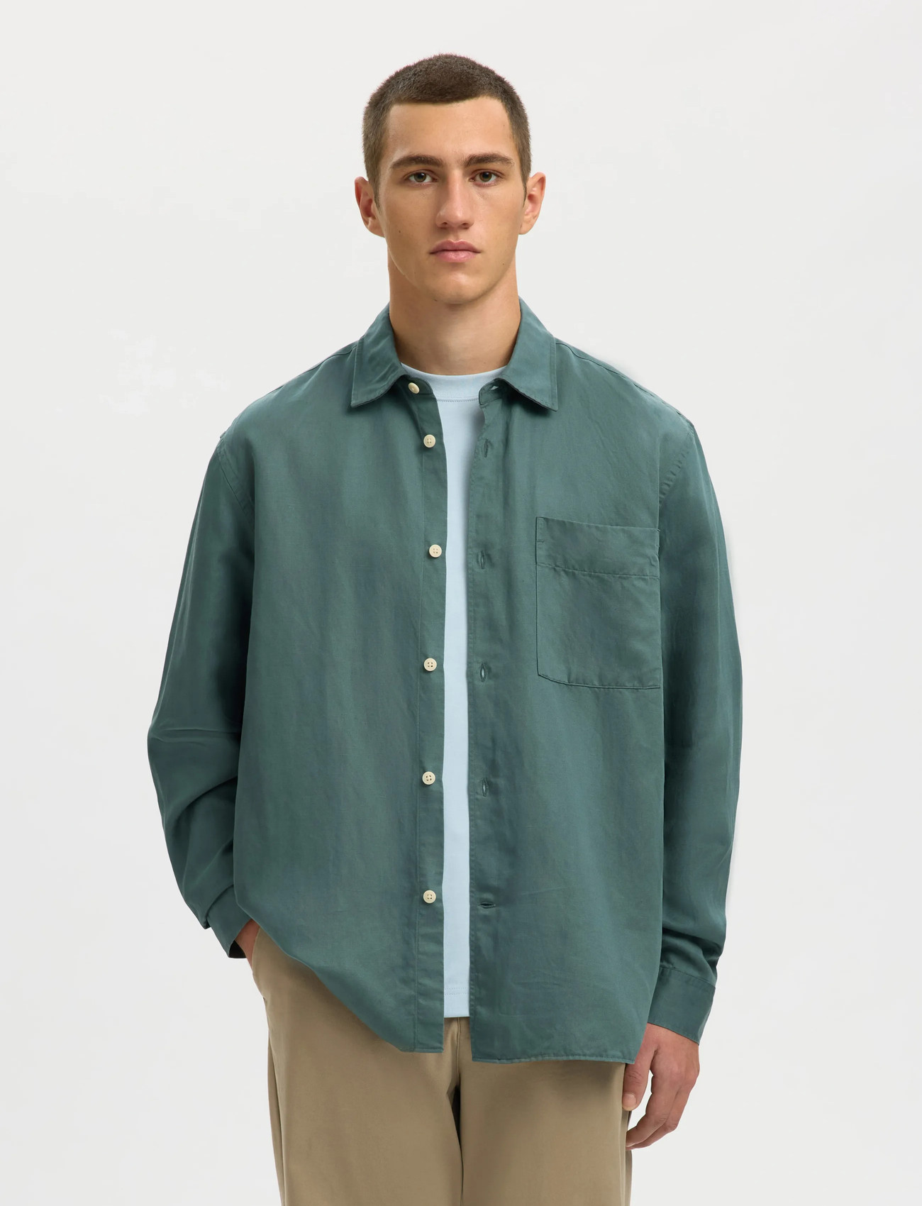 Selected Slhrlxmika Tencel Blend Ls Shirt, XL, Green, Skjorter > Afslappet Shirts, Herre