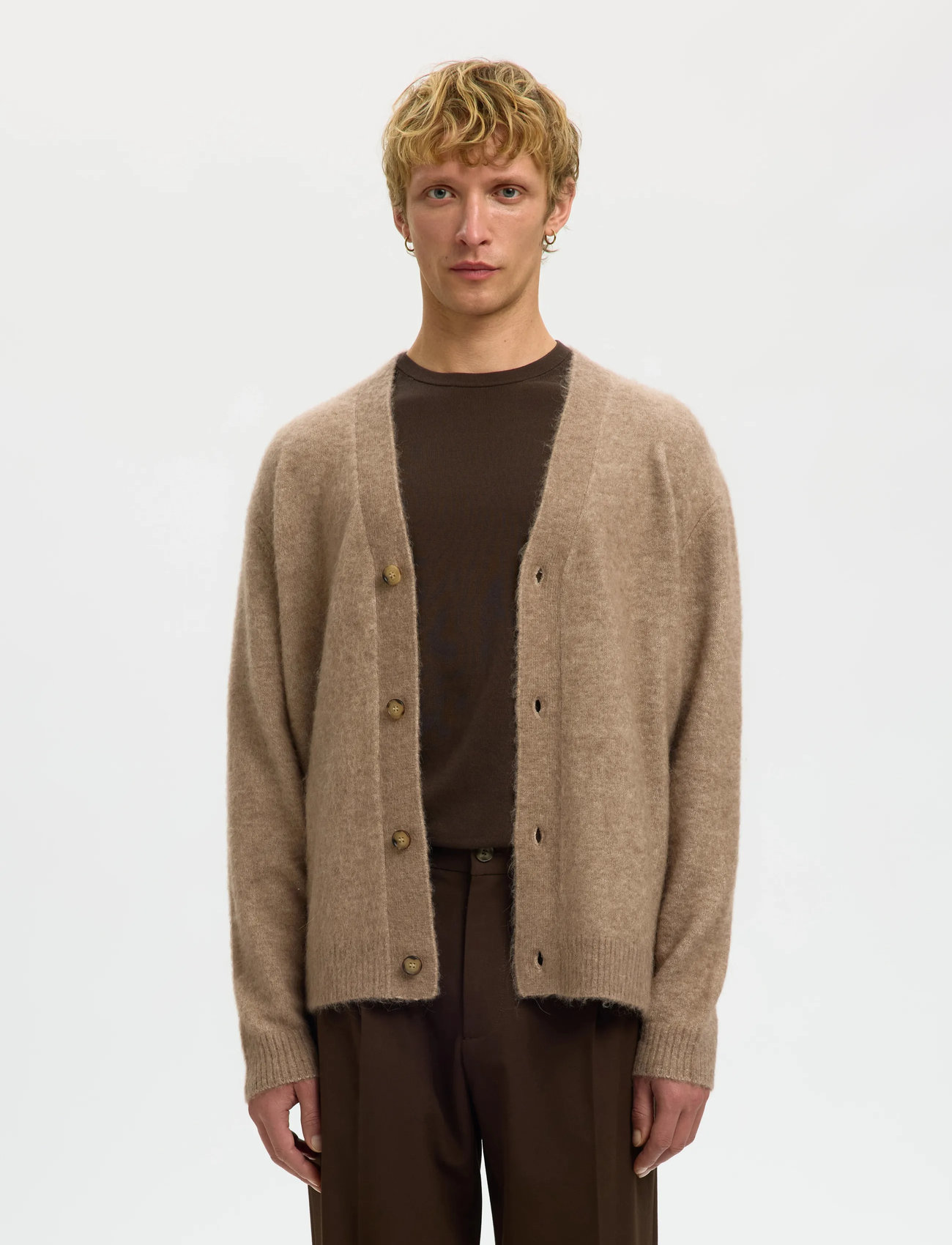 Selected Slhrai Brushed Ls Knit Relaxed Cardigan, S, Beige, Strik > Cardigans, Herre