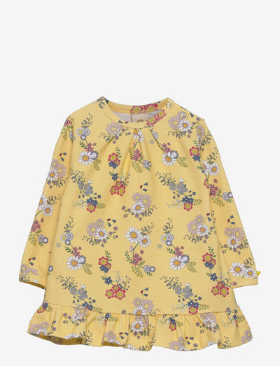 Dress LS w. frills, flower garden, soft yellow - long-sleeved baby dresses - yellow