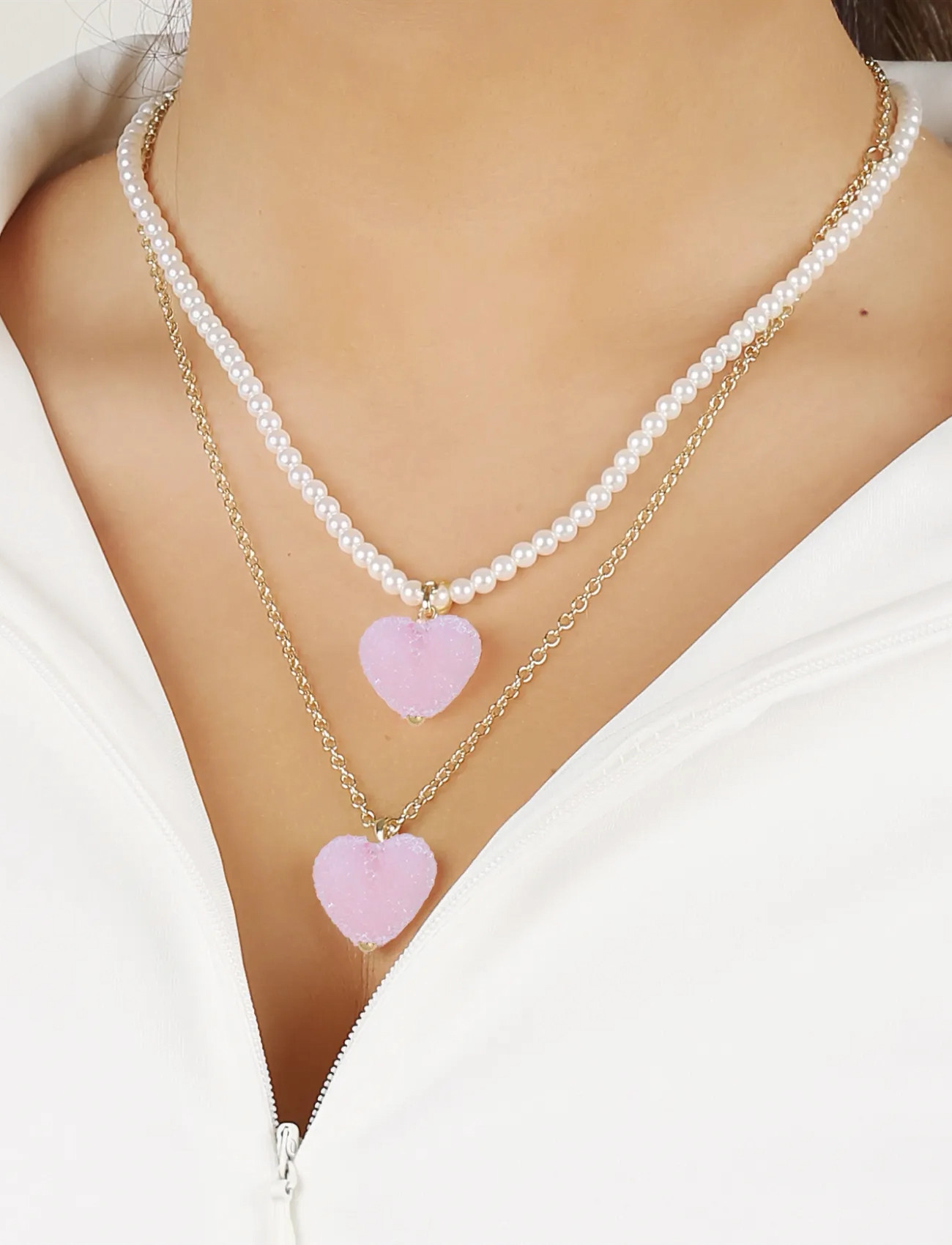 SNÖ of Sweden Sugar Hearts Pendant Pearl Neck 45 G/Light Pink - 45 cm, 45 cm, Pink, Øreringe > Øreringe Med Vedhæng, Dame