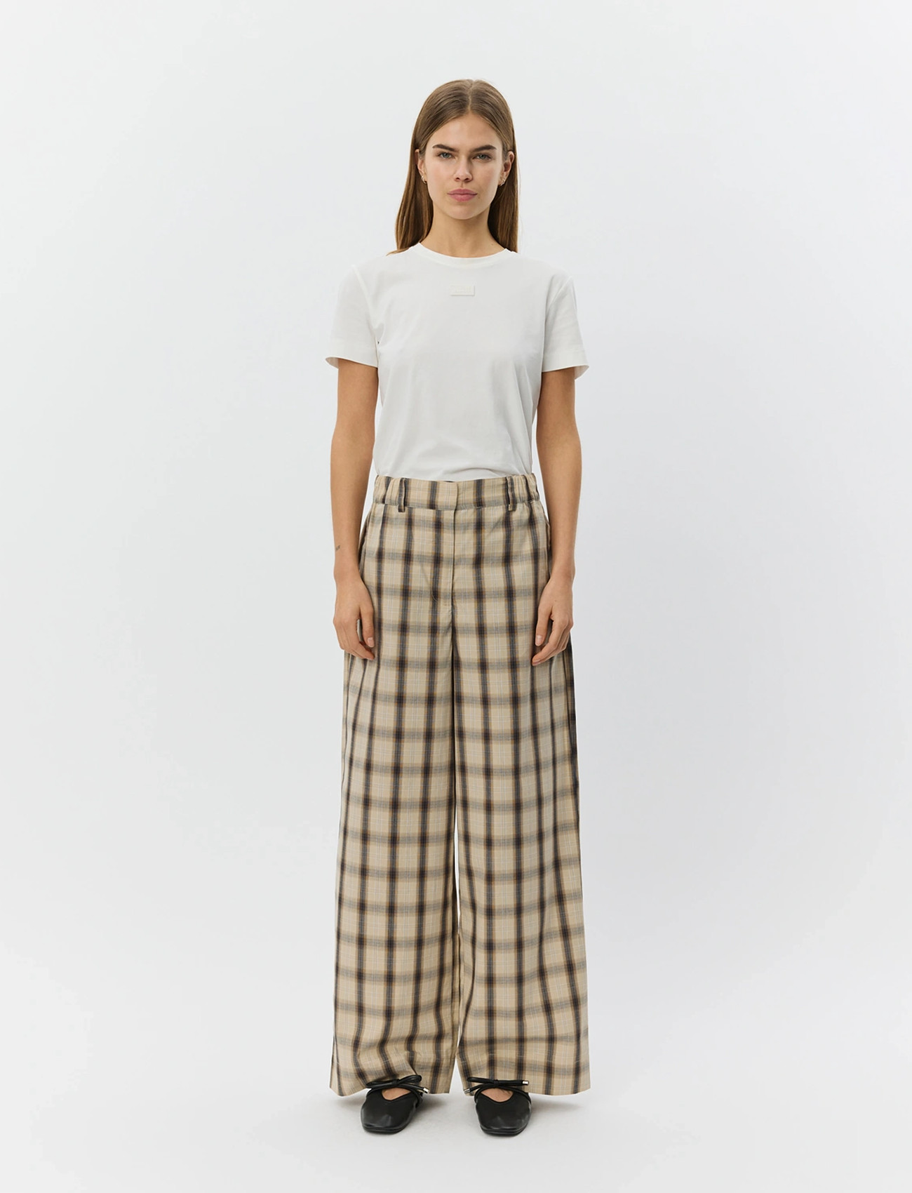 Sofie Schnoor Reinesw Check Wide Leg Trousers, 36, Beige, Bukser > Brede Ben, Dame