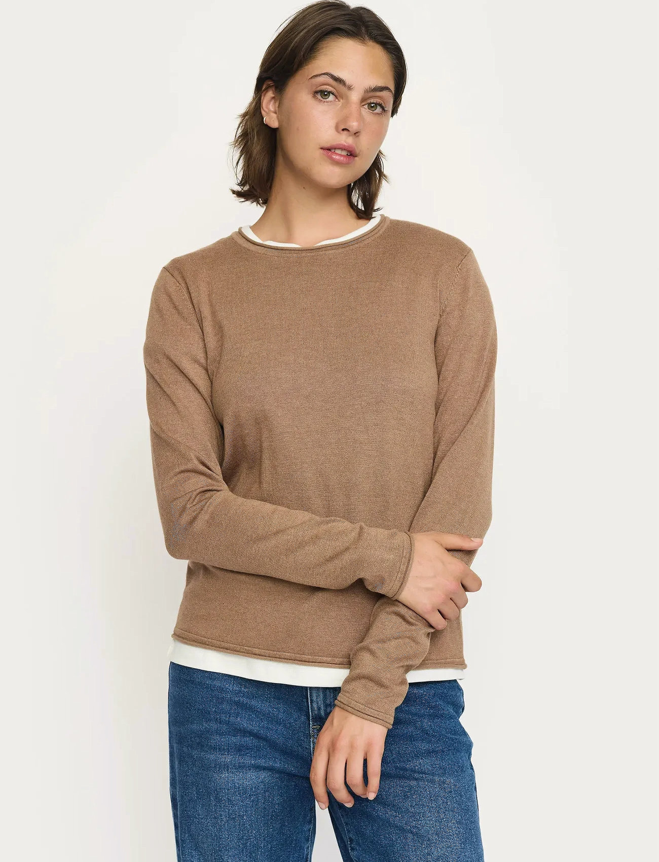 Soft Rebels Srmarla O-Neck Roll Edge Knit, L, Beige, Strik > Trøjer, Dame