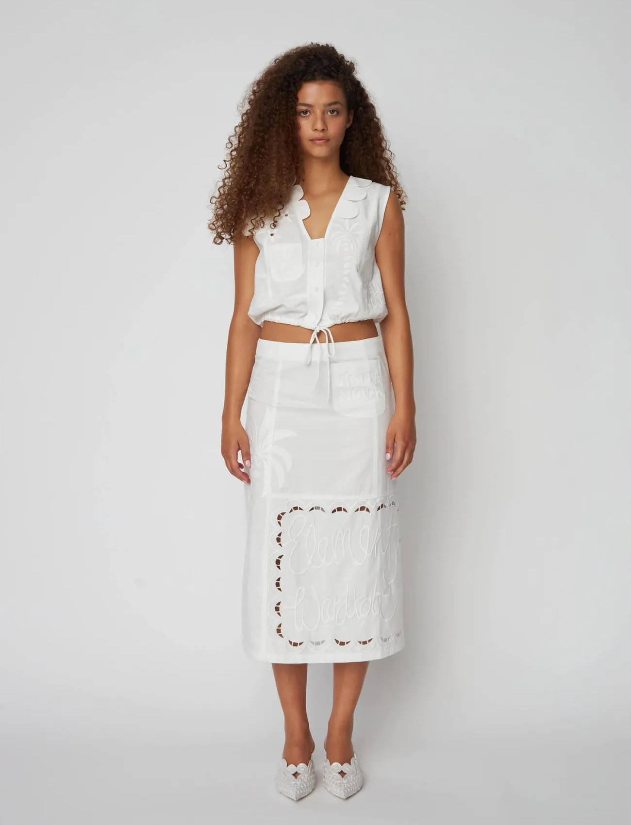 Stella Nova Elements Embroidered Cotton Skirt, 34, White, Nederdele > Knælange Og Midi Nederdele, Dame