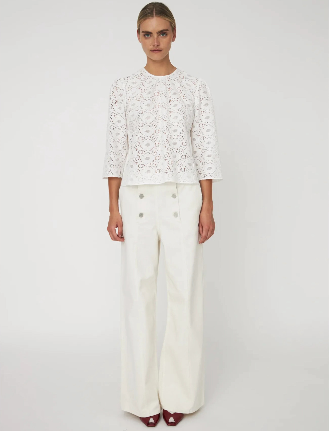 Stella Nova Cotton Lace Blouse, 38, White, Bluser > Langærmede, Dame
