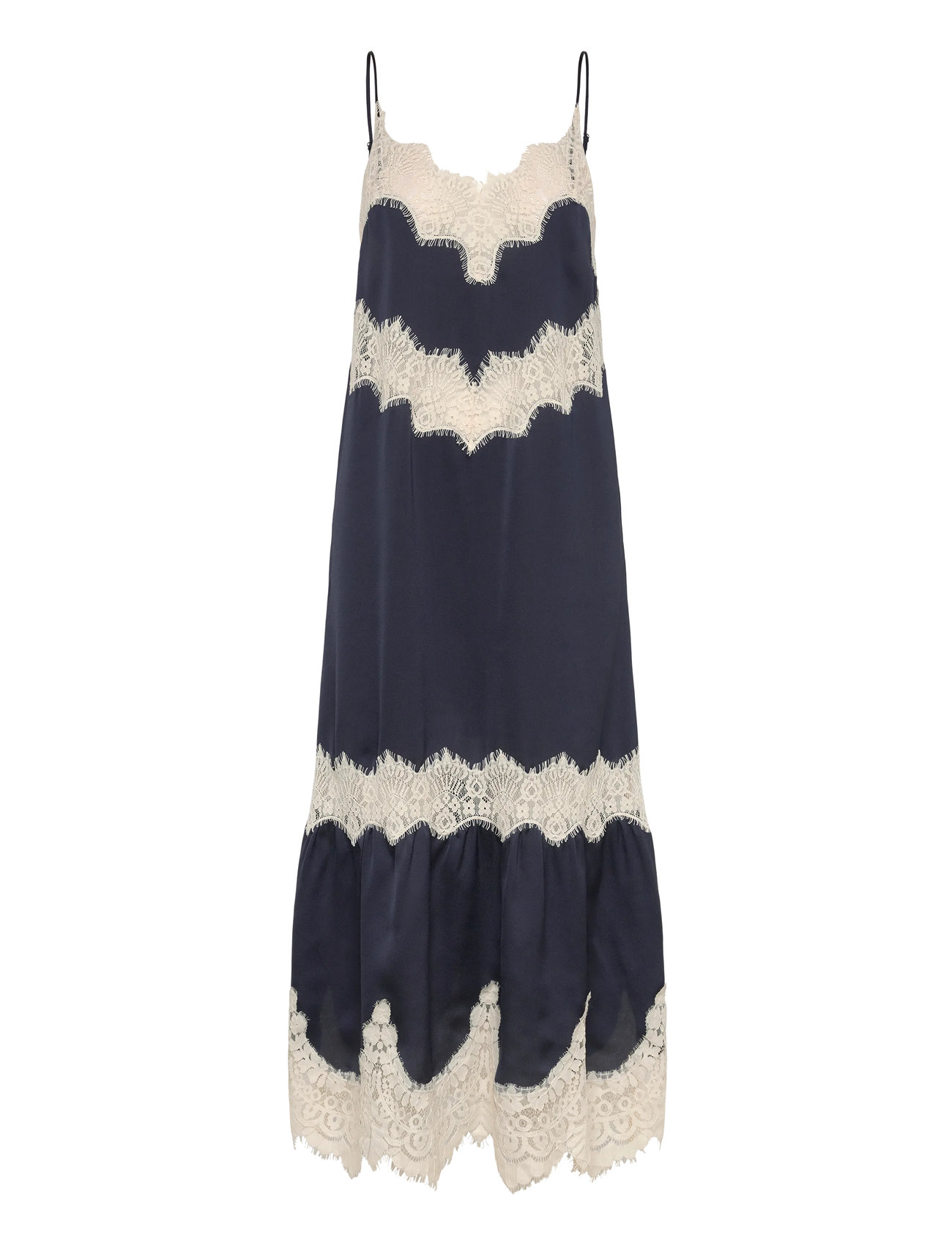 Delicate Lace Slip Dress Knelang Kjole Navy Stella Nova