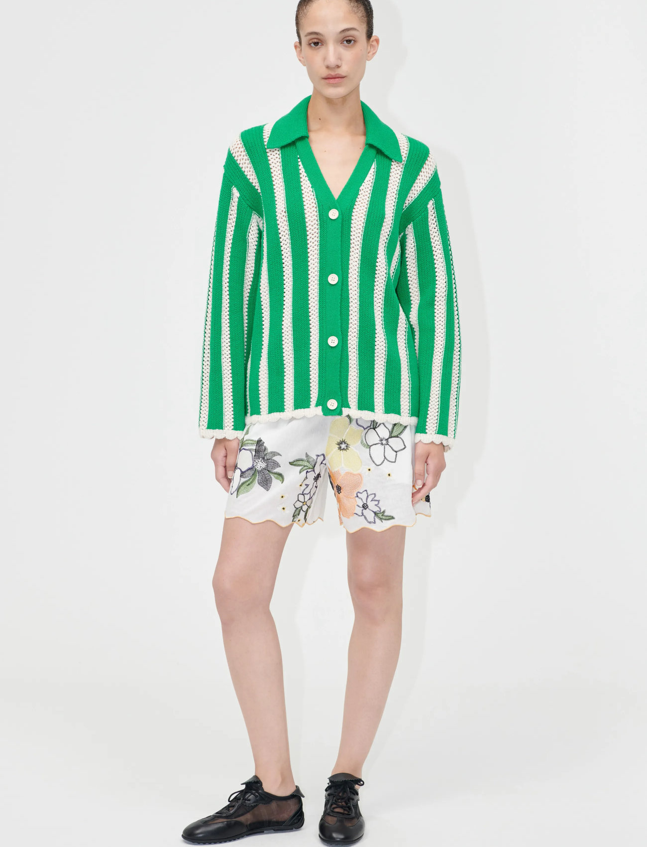 STINE GOYA 2380 Crochet Texture Knit, Knit Col, XL, Green, Strik > Cardigans, Dame