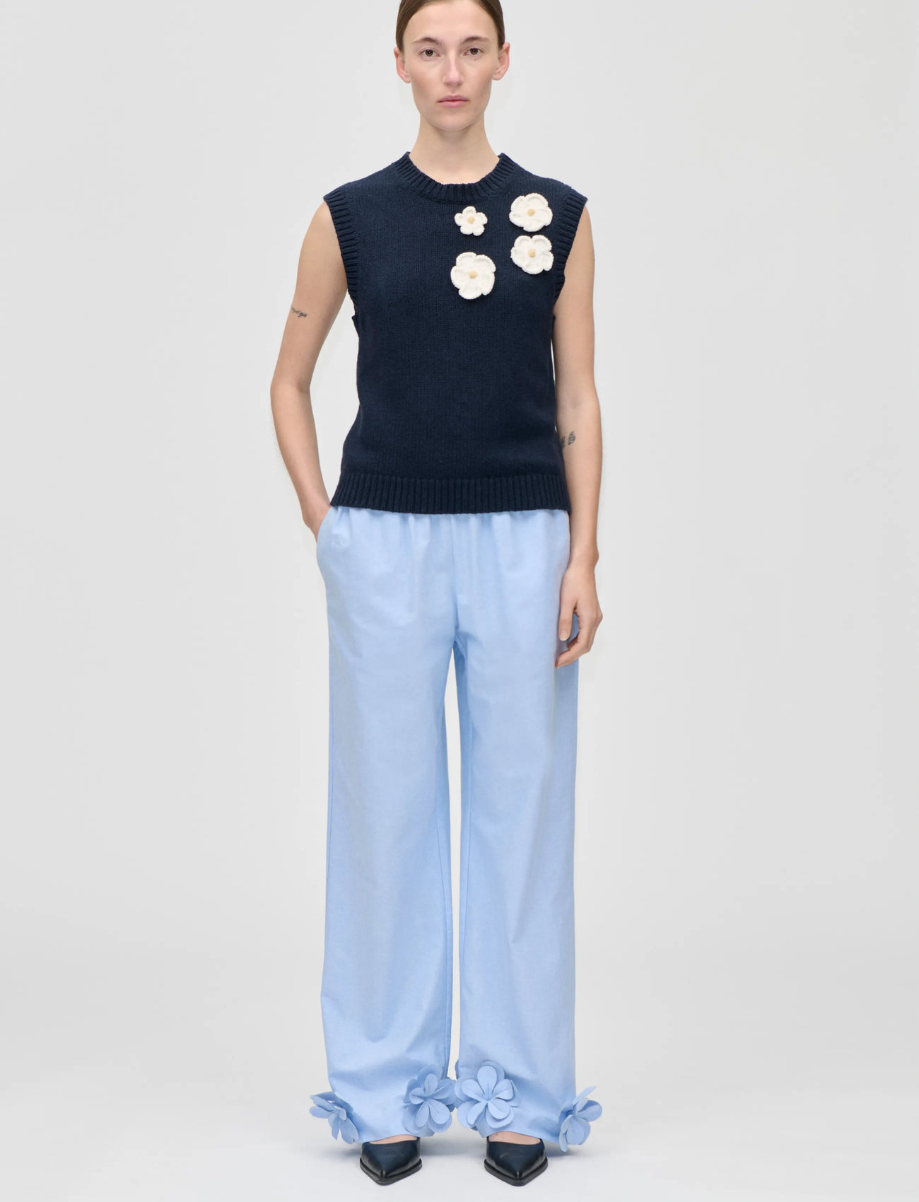 STINE GOYA Cotton Wool Yarn, Crewneck Dropped Shoulder Vest, S, Navy, Strik > Trøjer, Dame