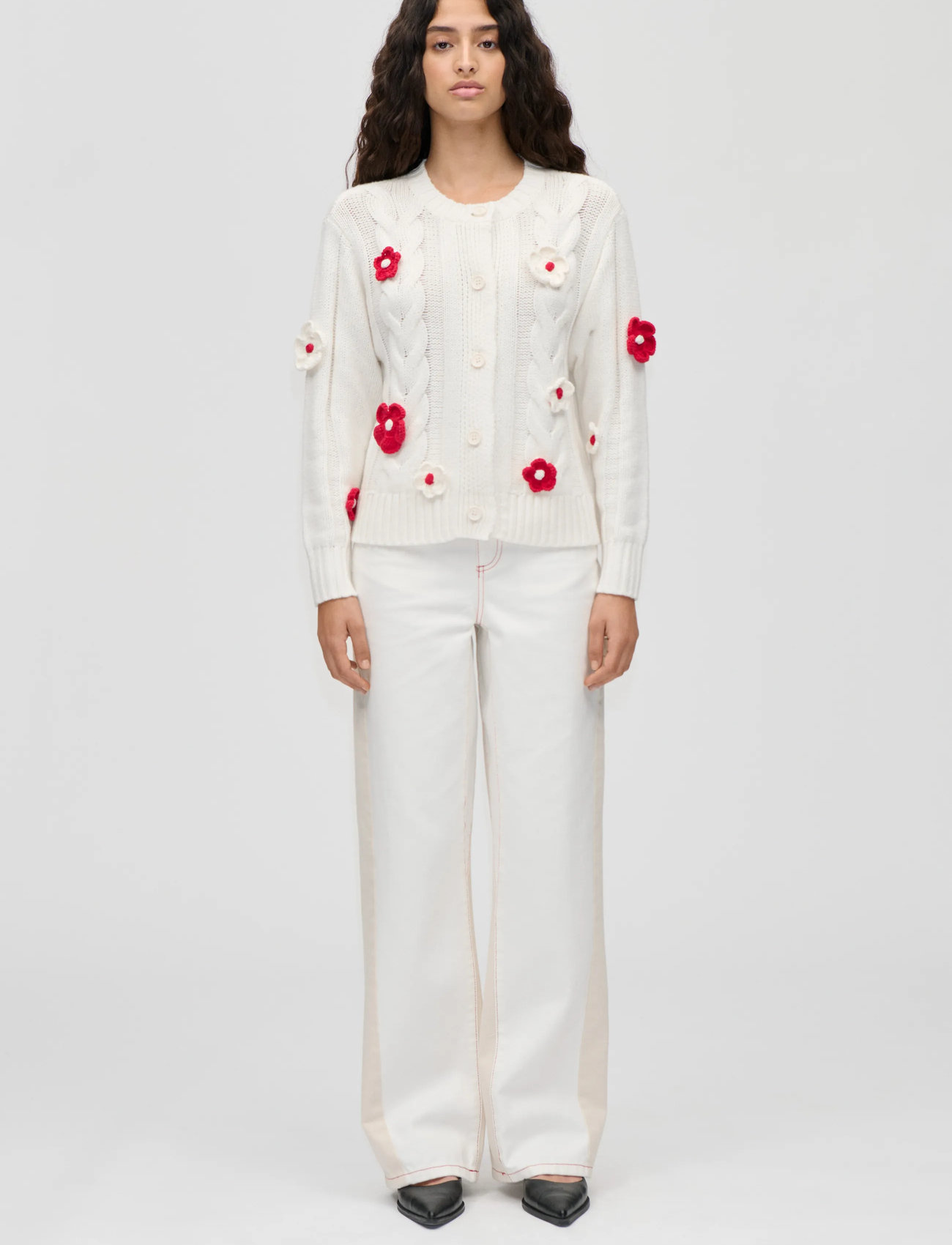 STINE GOYA Cotton Wool Yarn, Crewneck Cable Cardigan, L, White, Strik > Cardigans, Dame