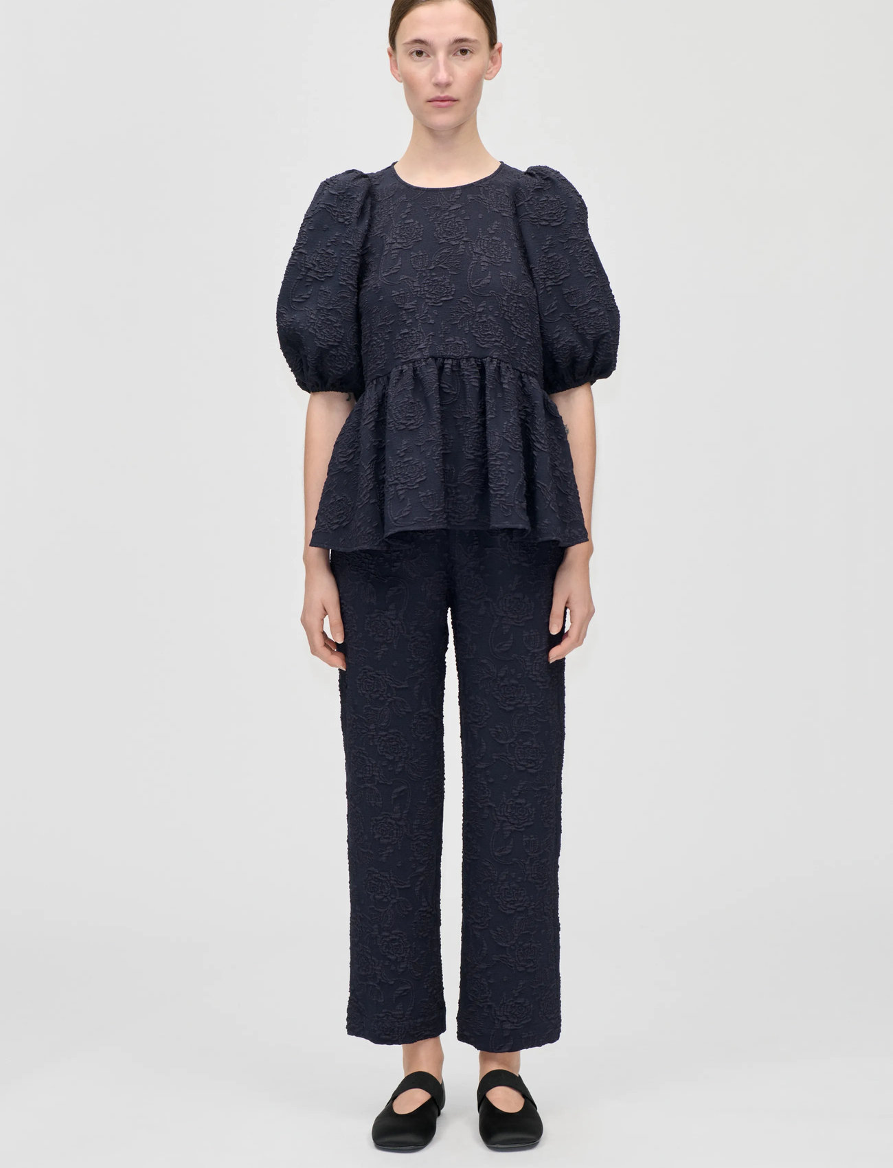 STINE GOYA Stretch Jacquard, Puff Sleeve Peplum Top, L, Navy, T-Shirts & Toppe > Kortærmede, Dame