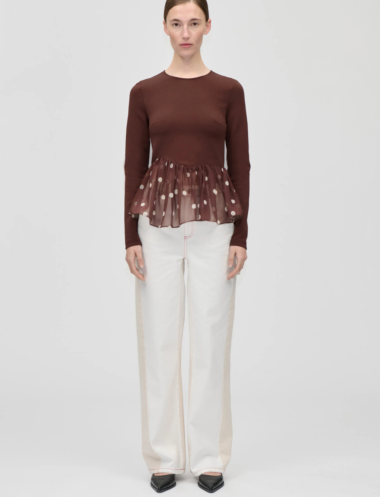 STINE GOYA Jersey / Georgette Combo, Asymmetrical Draped Top, XS, Brown, T-Shirts & Toppe > Langærmede, Dame