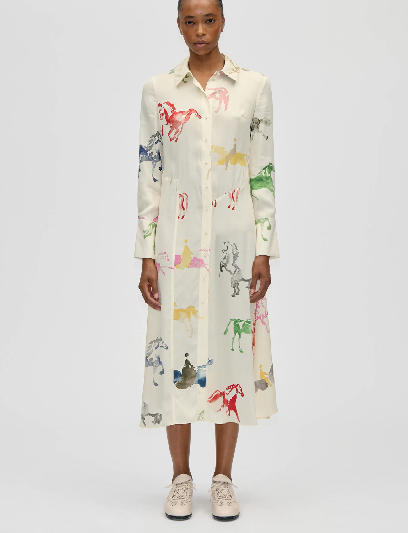 STINE GOYA Dry Viscose, Front Placket Midi Polo Dress, M, Cream, Designere > Maxi Dress, Dame
