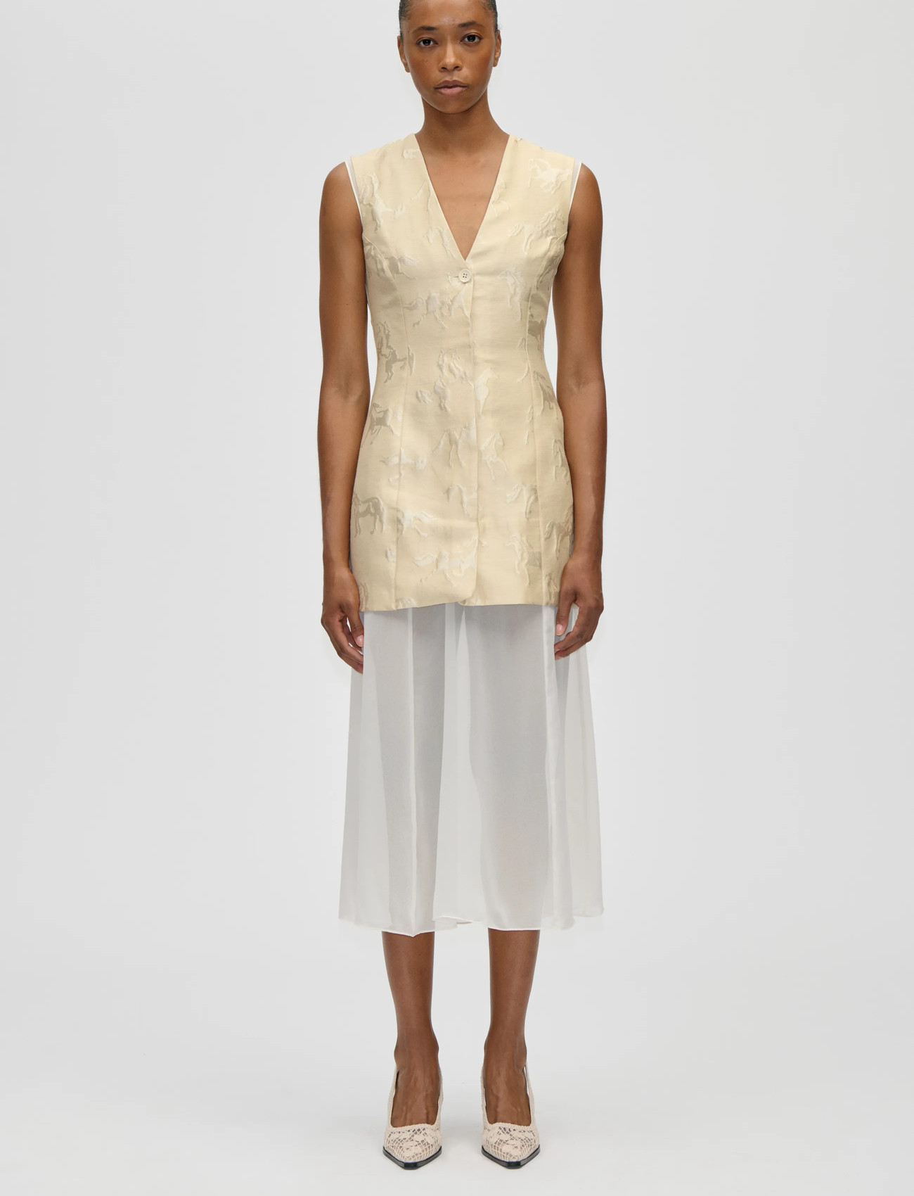 STINE GOYA Jacquard Tailoring, Waistcoat Tailored Midi Dress, XL, Cream, Designere > Knælange Og Midi, Dame