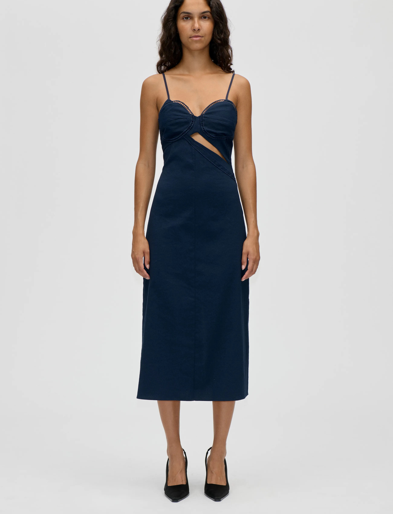 STINE GOYA Embroidered Canvas, Strap Eyelet Midi Dress, XL, Navy, Designere > Knælange Og Midi, Dame