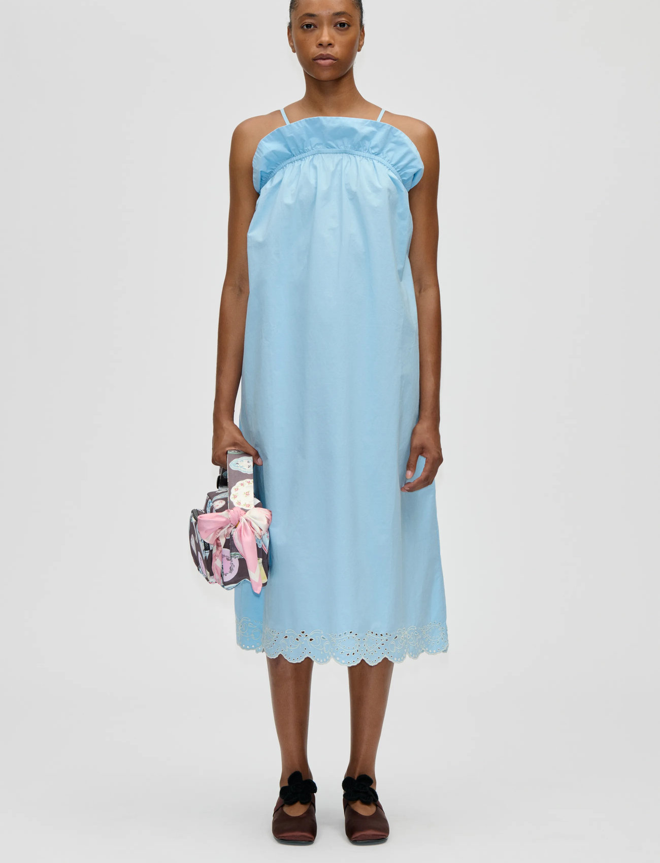 STINE GOYA Light Cotton, Scalloped Strap Midi Dress, XL, Blue, Kjoler > Knælange Og Midi, Dame