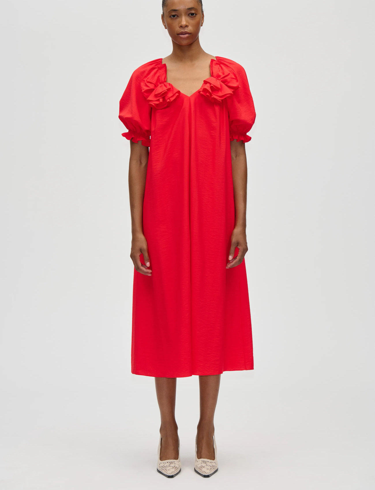 STINE GOYA Solid Viscose, Puff Sleeve Detail Long Dress, M, Red, Kjoler > Maxikjole, Dame