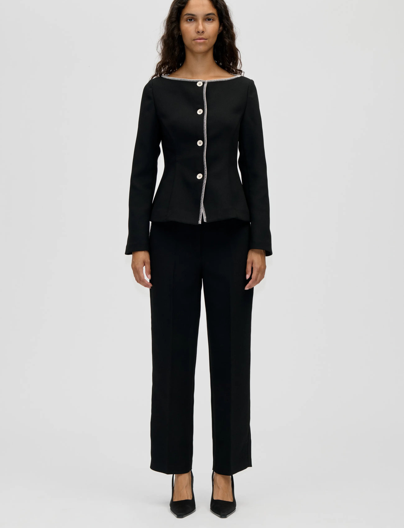 STINE GOYA Structured Crepe, Square Neckline Tailored Jacket, M, Black, Jakker > Let Sommerjakke, Dame