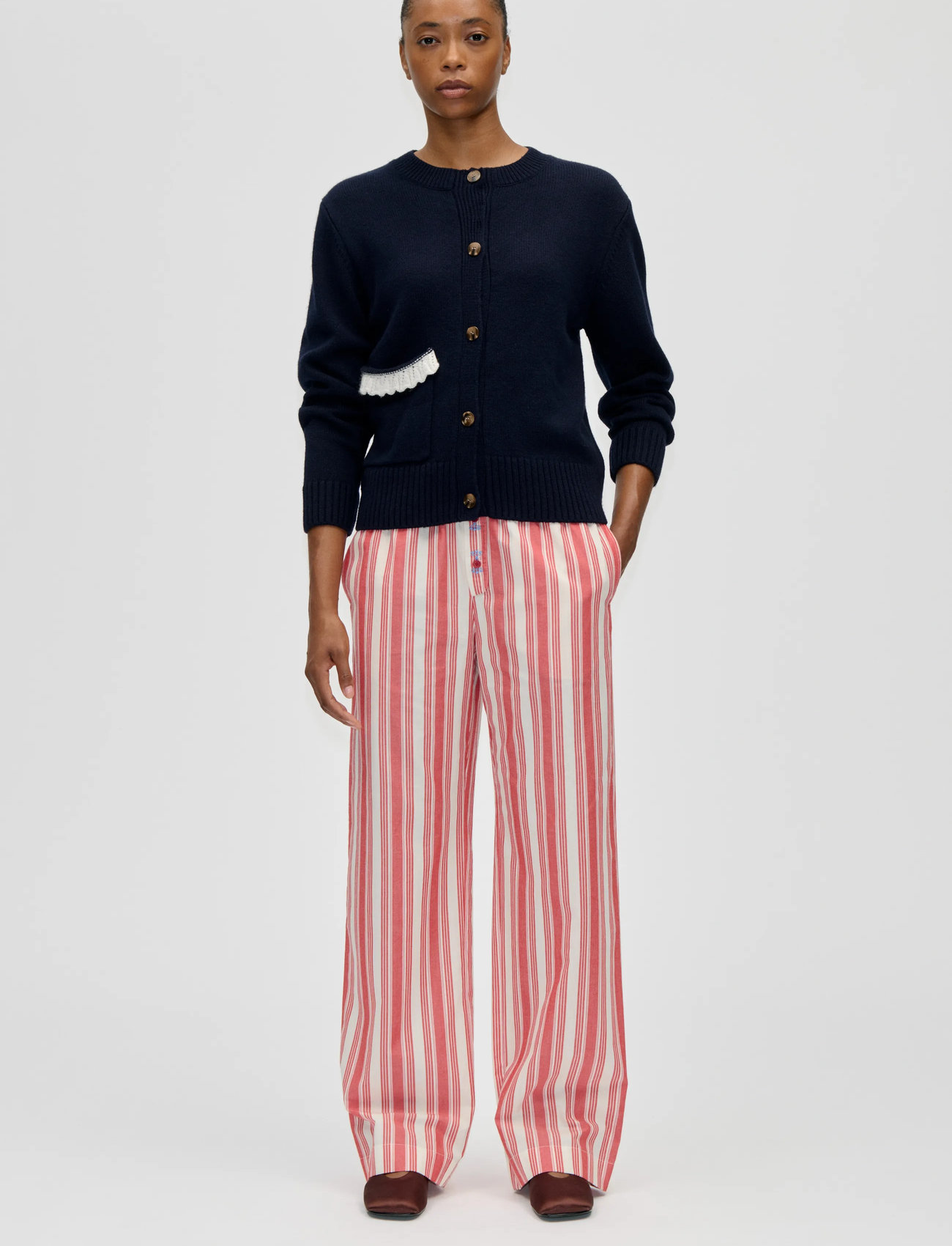 STINE GOYA Jacquard Wool Blend, Crewneck Button-Up Cardigan, XS, Navy, Strik > Cardigans, Dame