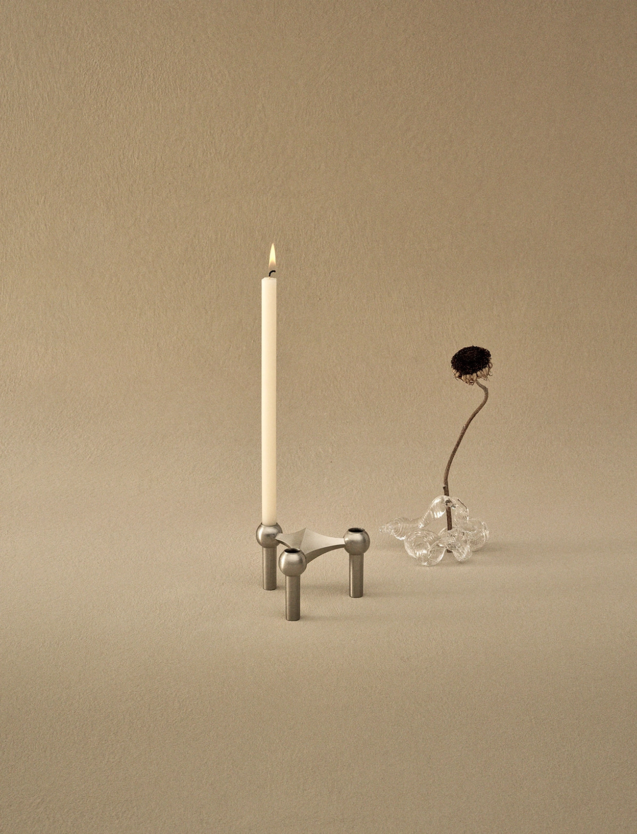 STOFF Nagel Nagel Candle Holder - Brushed Chrome, 6.9X10.2 cm, Silver, Lysestager & Lanterner > Lysestager, Unisex