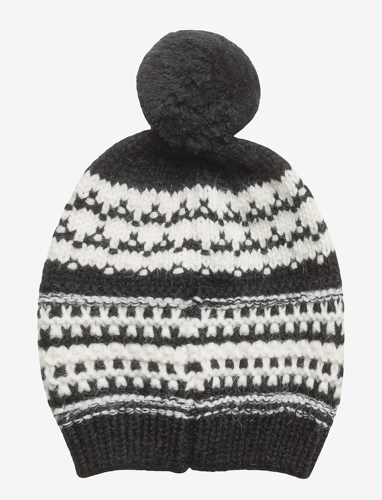 black hat with cream bobble