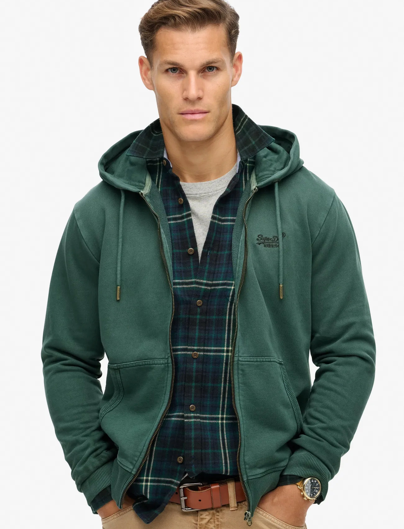 Superdry Essential Logo Washed Ziphood, S, Green, Sweatshirts & Hættetrøjer > Hættetrøjer, Herre