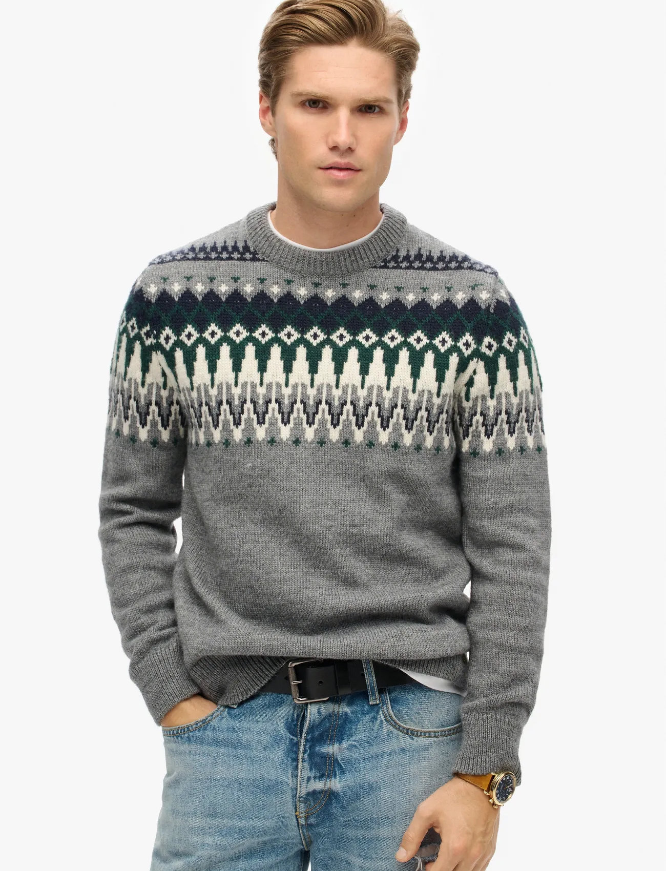 Superdry Fairisle Knit Crew Jumper, 3XL, Grey, Strik > Runde Halse, Herre