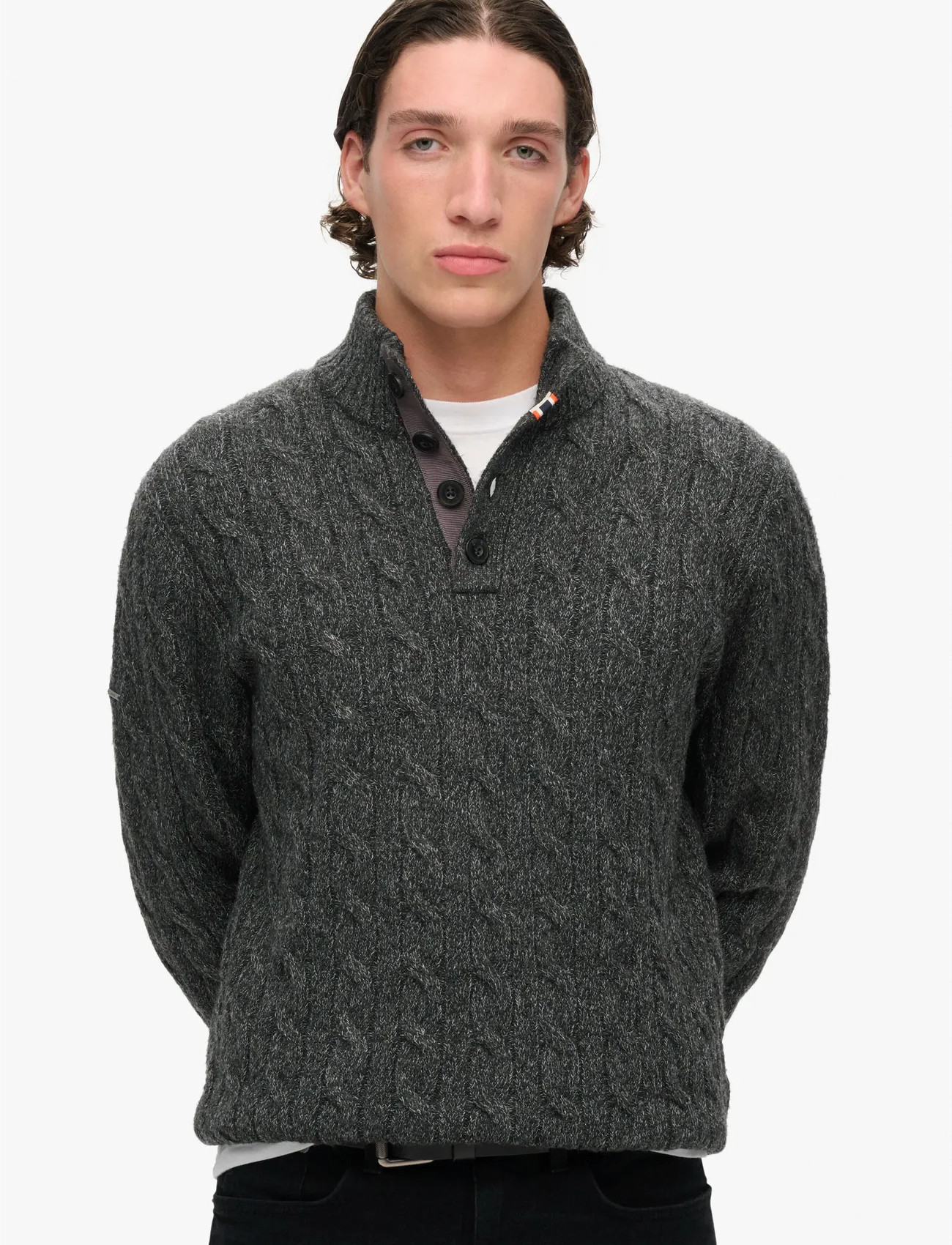 Superdry Cable Button Neck Jumper, XL, Grey, Strik > V-Halse, Herre