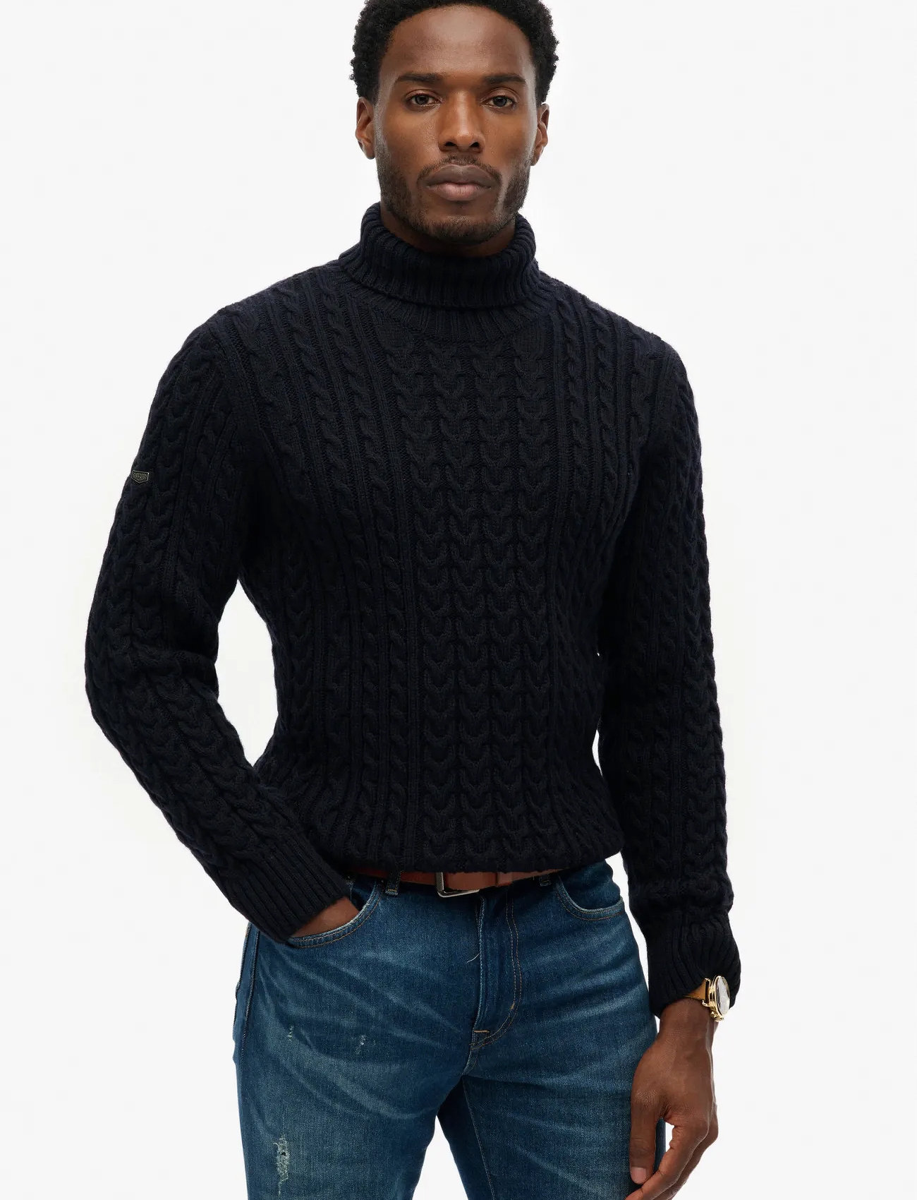 Superdry Jacob Cable Roll Neck Jumper, L, Navy, Strik > Runde Halse, Herre