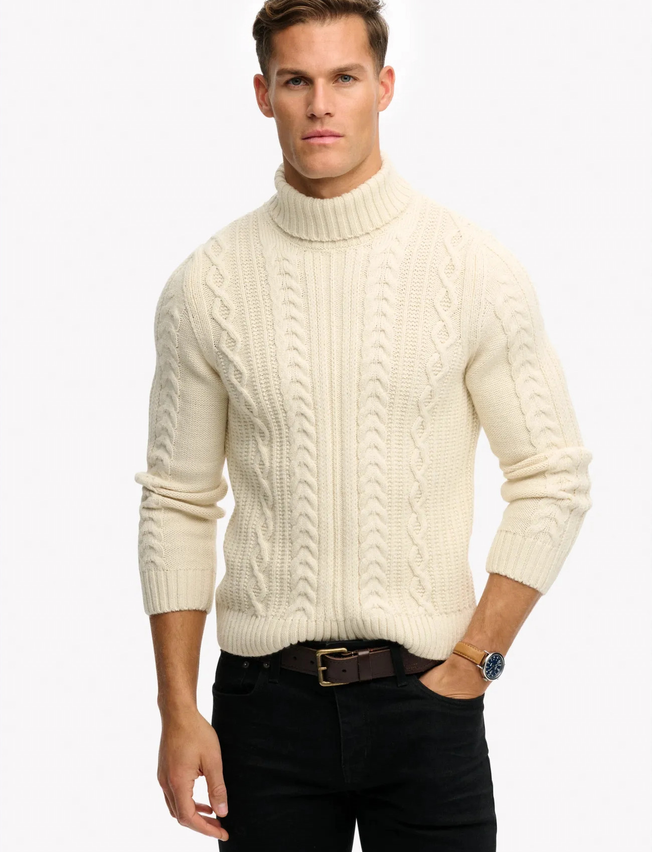 Superdry Jacob Cable Roll Neck Jumper, M, Cream, Strik > Runde Halse, Herre