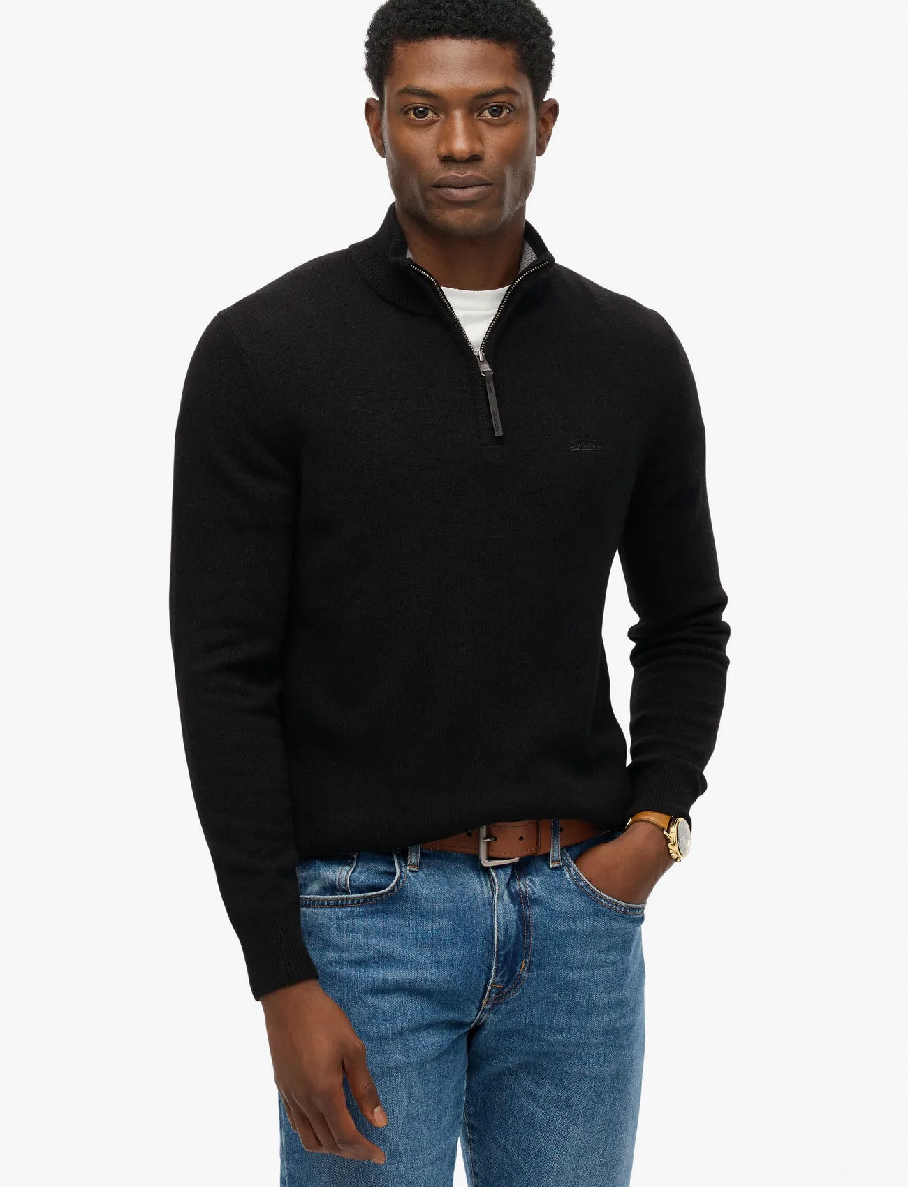 Superdry Wool Blend Half Zip Jumper, S, Black, Strik > Trøjer Med Halv Lynlås, Herre
