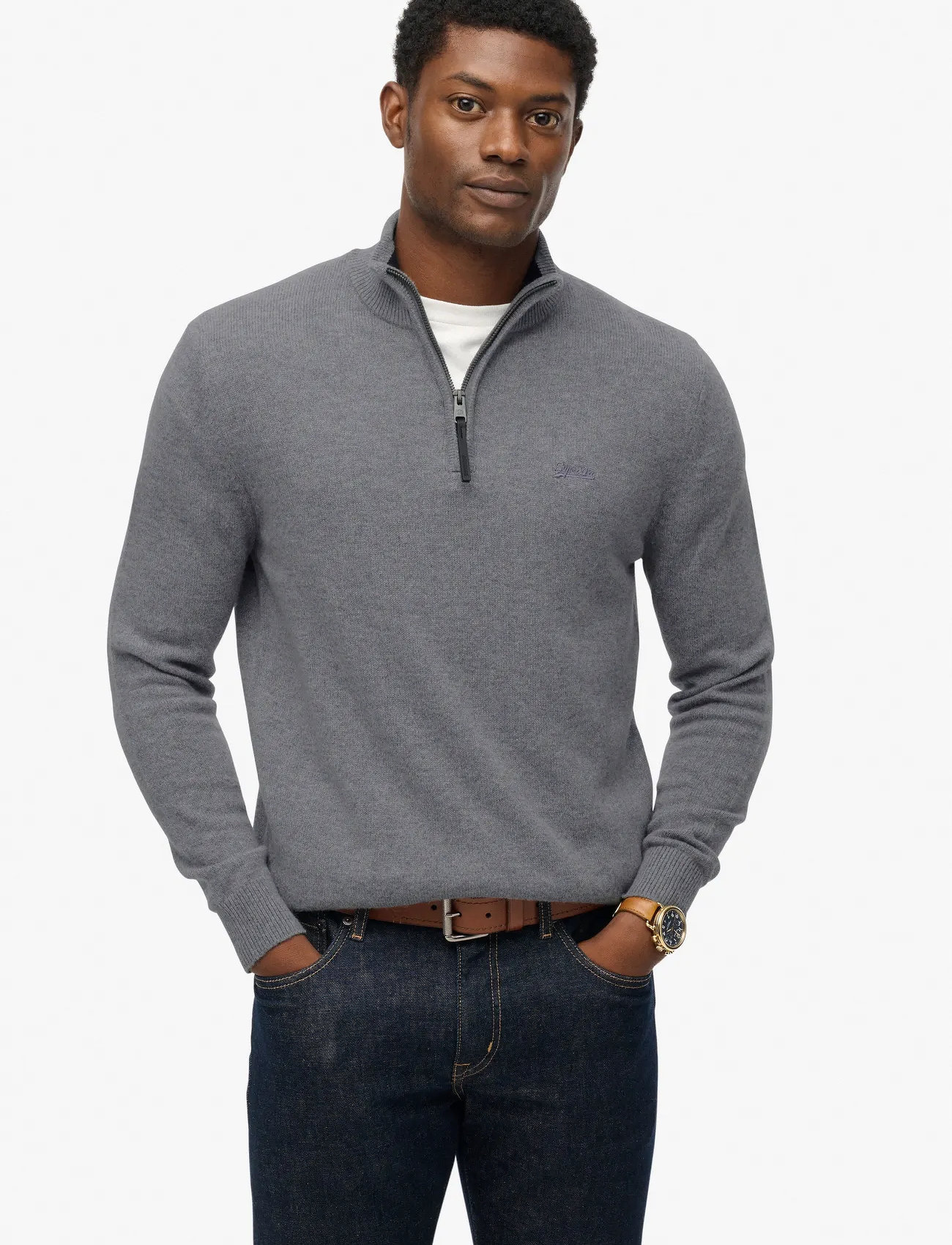 Superdry Wool Blend Half Zip Jumper, M, Grey, Strik > Trøjer Med Halv Lynlås, Herre