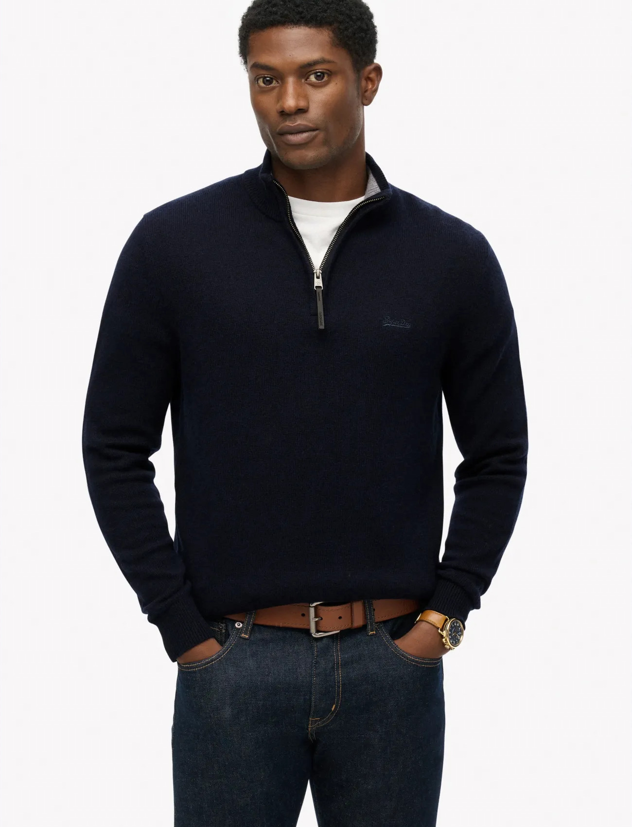 Superdry Wool Blend Half Zip Jumper, L, Navy, Strik > Trøjer Med Halv Lynlås, Herre