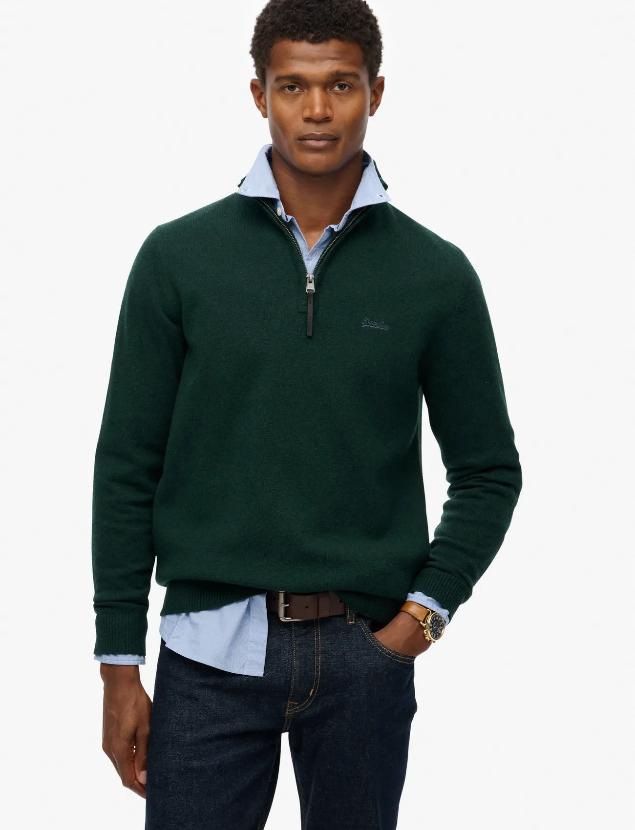 Superdry Wool Blend Half Zip Jumper, L, Green, Strik > Trøjer Med Halv Lynlås, Herre