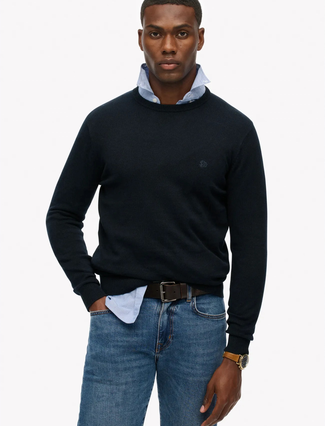 Superdry Essentials Cotton Jumper, S, Navy, Strik > Runde Halse, Herre