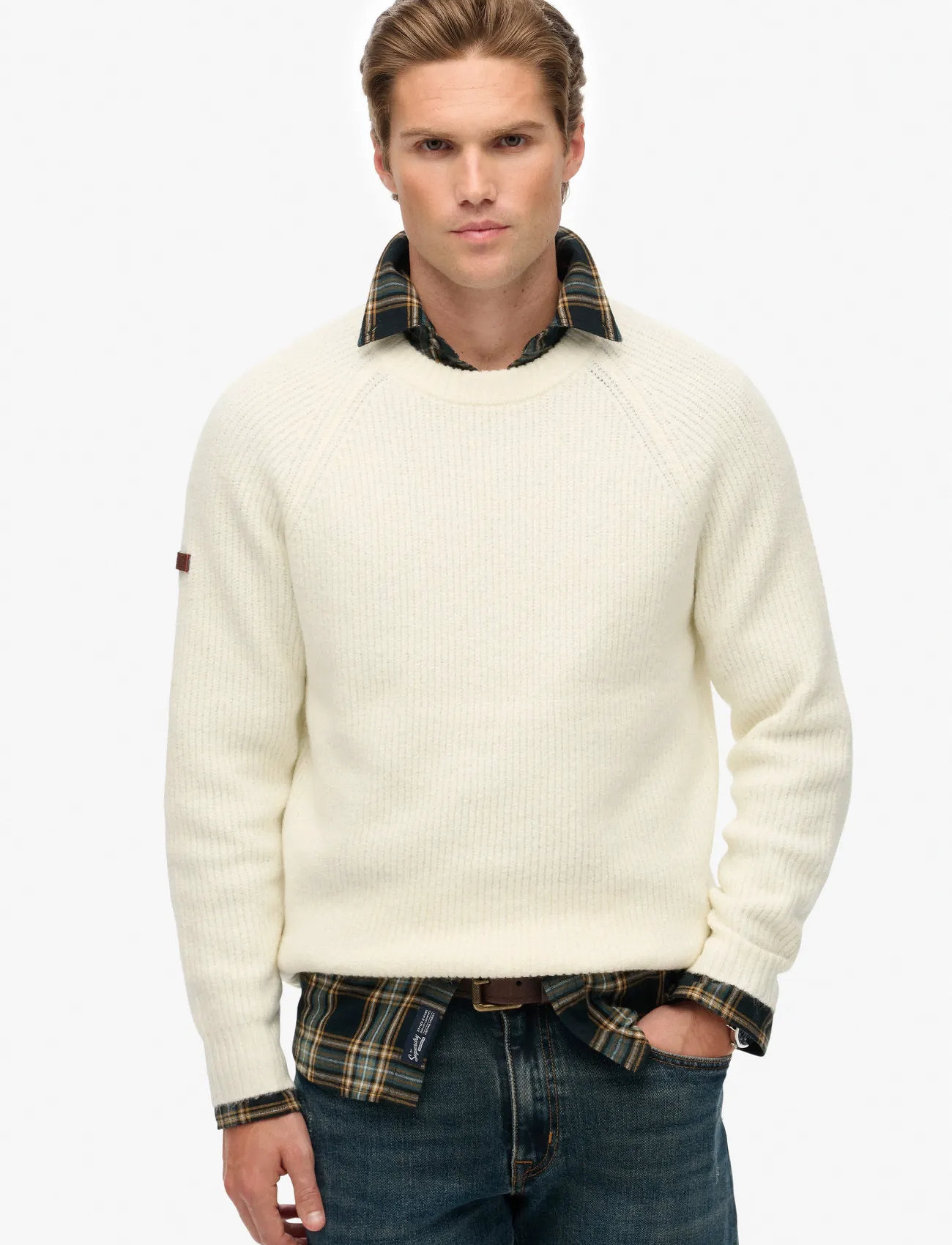 Superdry Chunky Raglan Jumper, M, Cream, Strik > Runde Halse, Herre