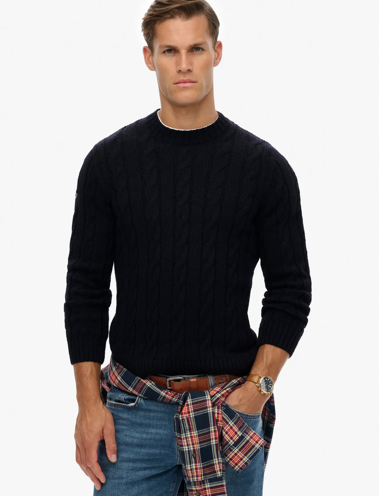 Superdry Jacob Cable Jumper, XXL, Navy, Strik > Runde Halse, Herre