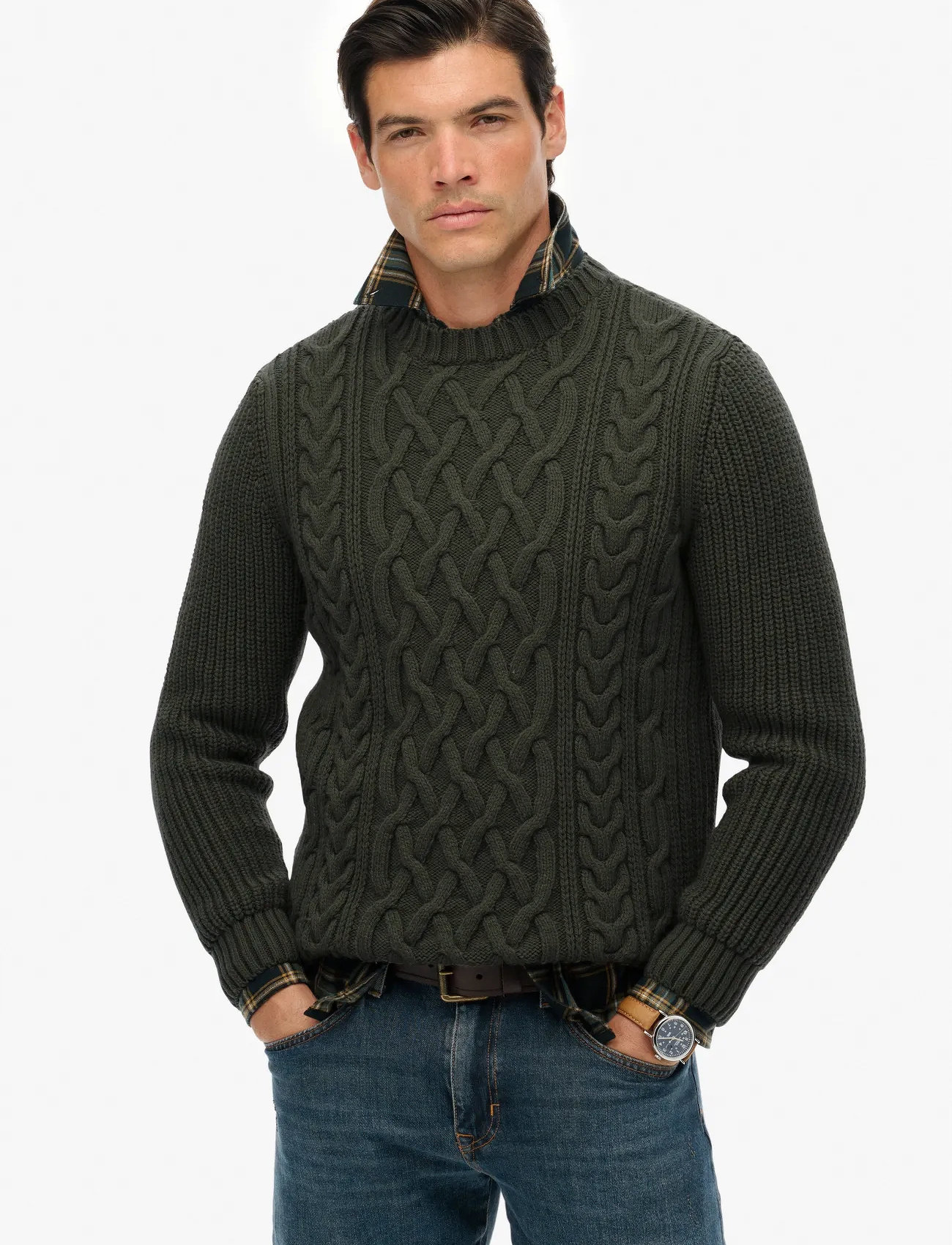 Superdry Jacob Cable Jumper, XL, Khaki green, Strik > Runde Halse, Herre