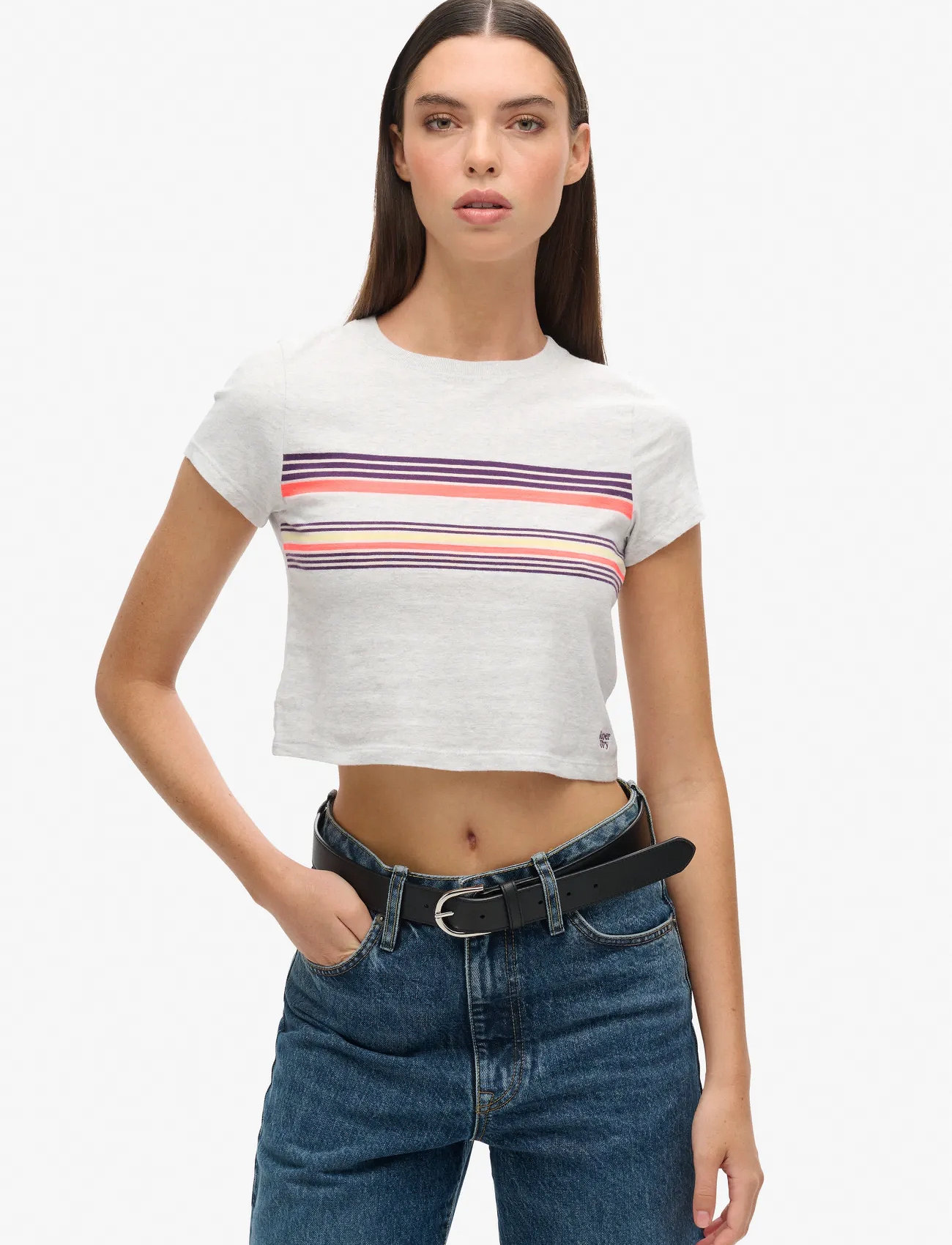 Superdry Vintage Stripe Crop Tee, 12, Grey, T-Shirts & Toppe > Kortærmede, Dame