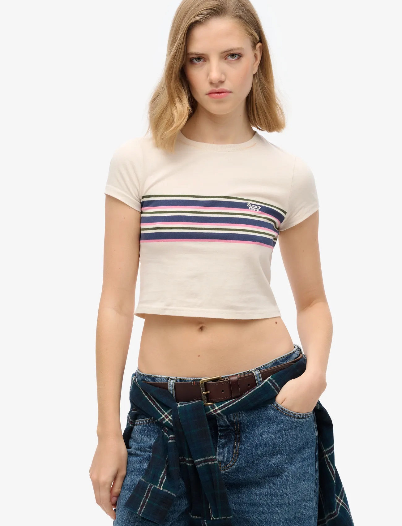 Superdry Vintage Stripe Crop Tee, 12, Cream, T-Shirts & Toppe > Kortærmede, Dame