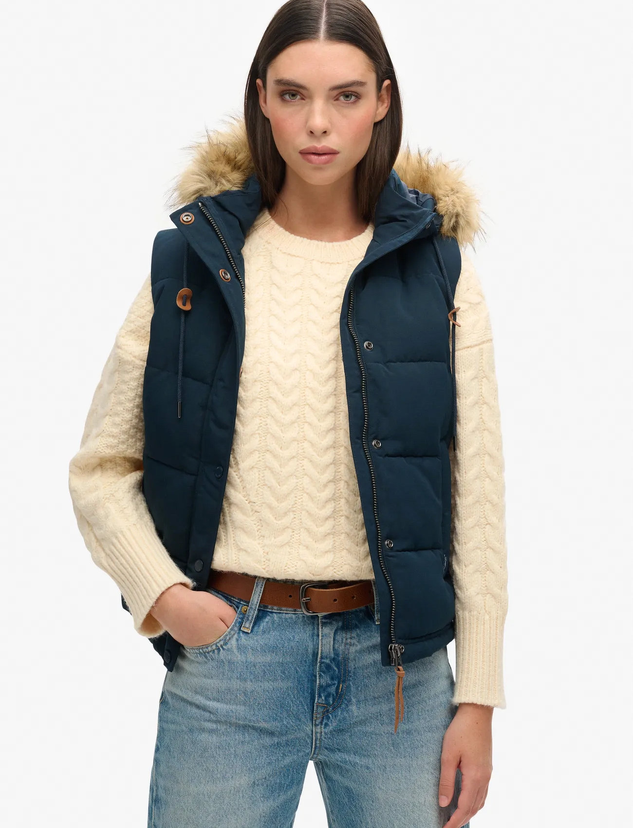 Superdry Vintage Everest Faux Fur Gilet, XL, Navy, Veste > Vatterede Veste, Dame