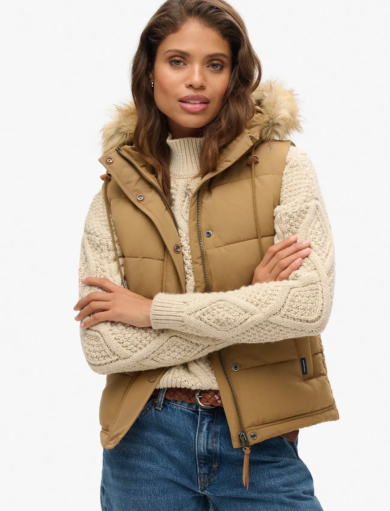 Superdry Vintage Everest Faux Fur Gilet, 14, Brown, Veste > Vatterede Veste, Dame